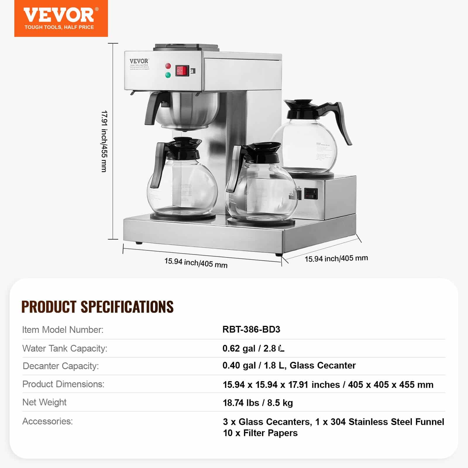 VEVOR Commercial Drip Coffee Maker, 12-Cup Brewer with 3 Glass Carafes & Warmers, Stainless Steel, Auto Water Intake — attēls 7