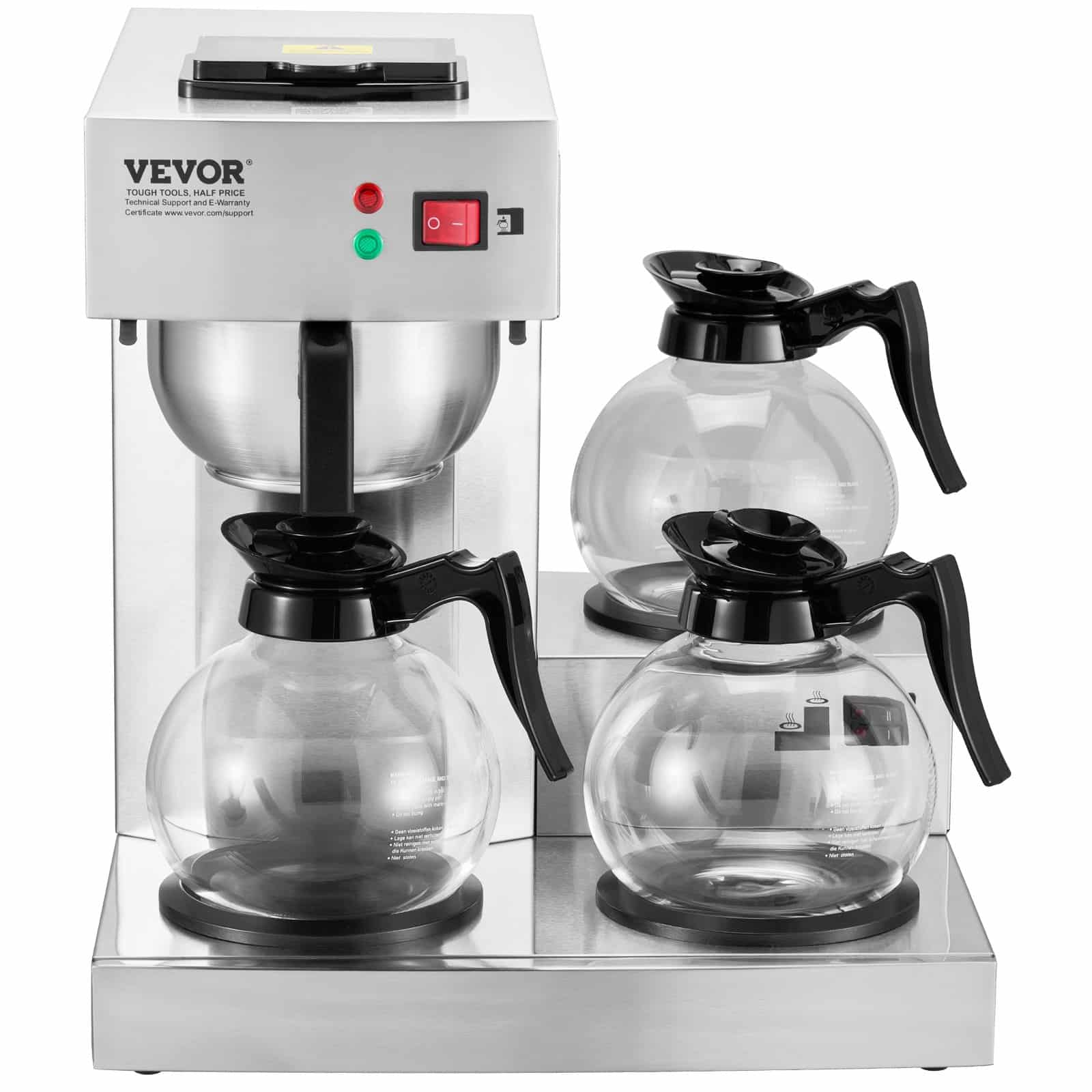 VEVOR Commercial Drip Coffee Maker, 12-Cup Brewer with 3 Glass Carafes & Warmers, Stainless Steel, Auto Water Intake — attēls 11