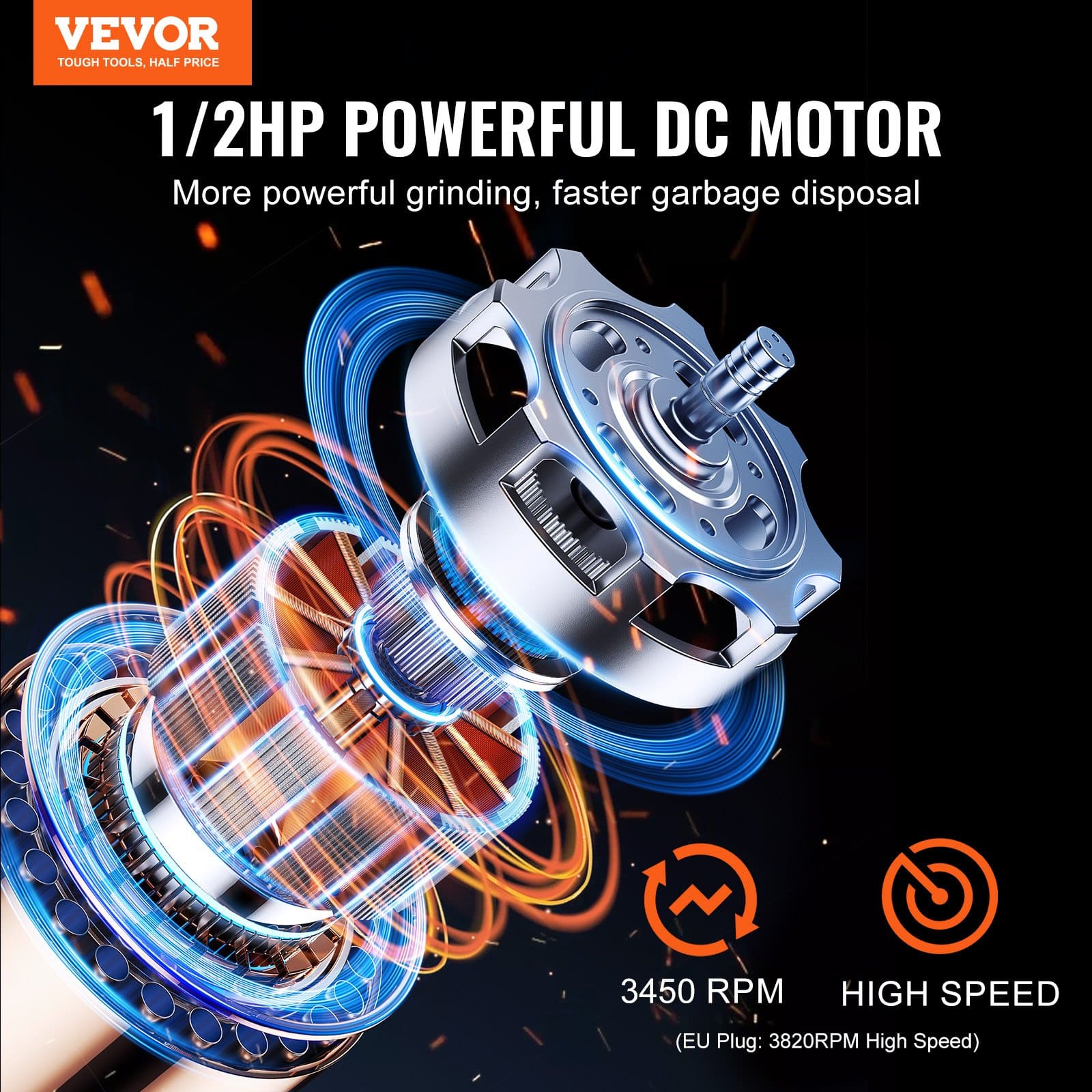 VEVOR 370W Garbage Disposal with 3820 RPM Continuous Feed, Quiet Operation, Stainless Steel Grinder, Easy Install — Attēls 2