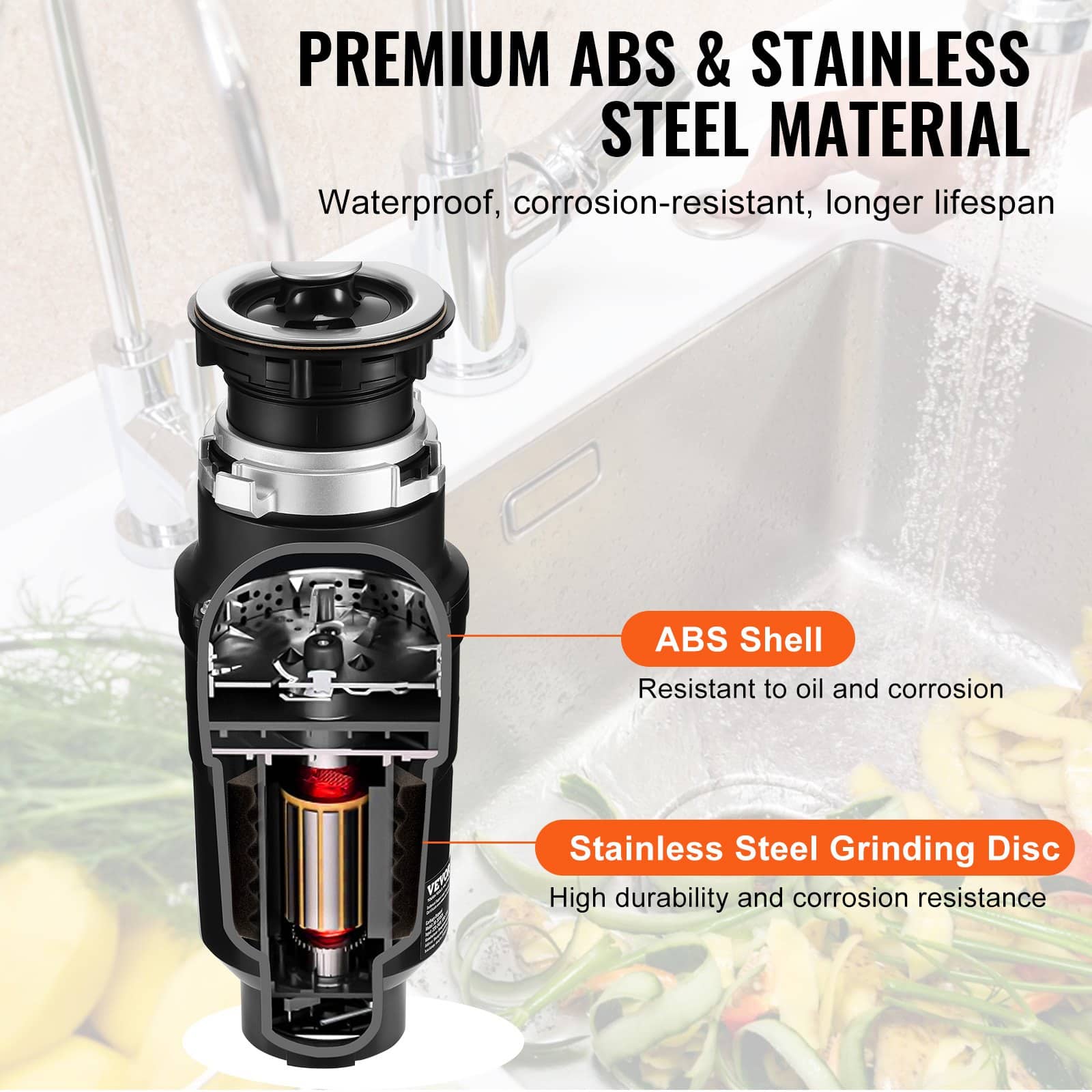 VEVOR 370W Garbage Disposal with 3820 RPM Continuous Feed, Quiet Operation, Stainless Steel Grinder, Easy Install — Attēls 6