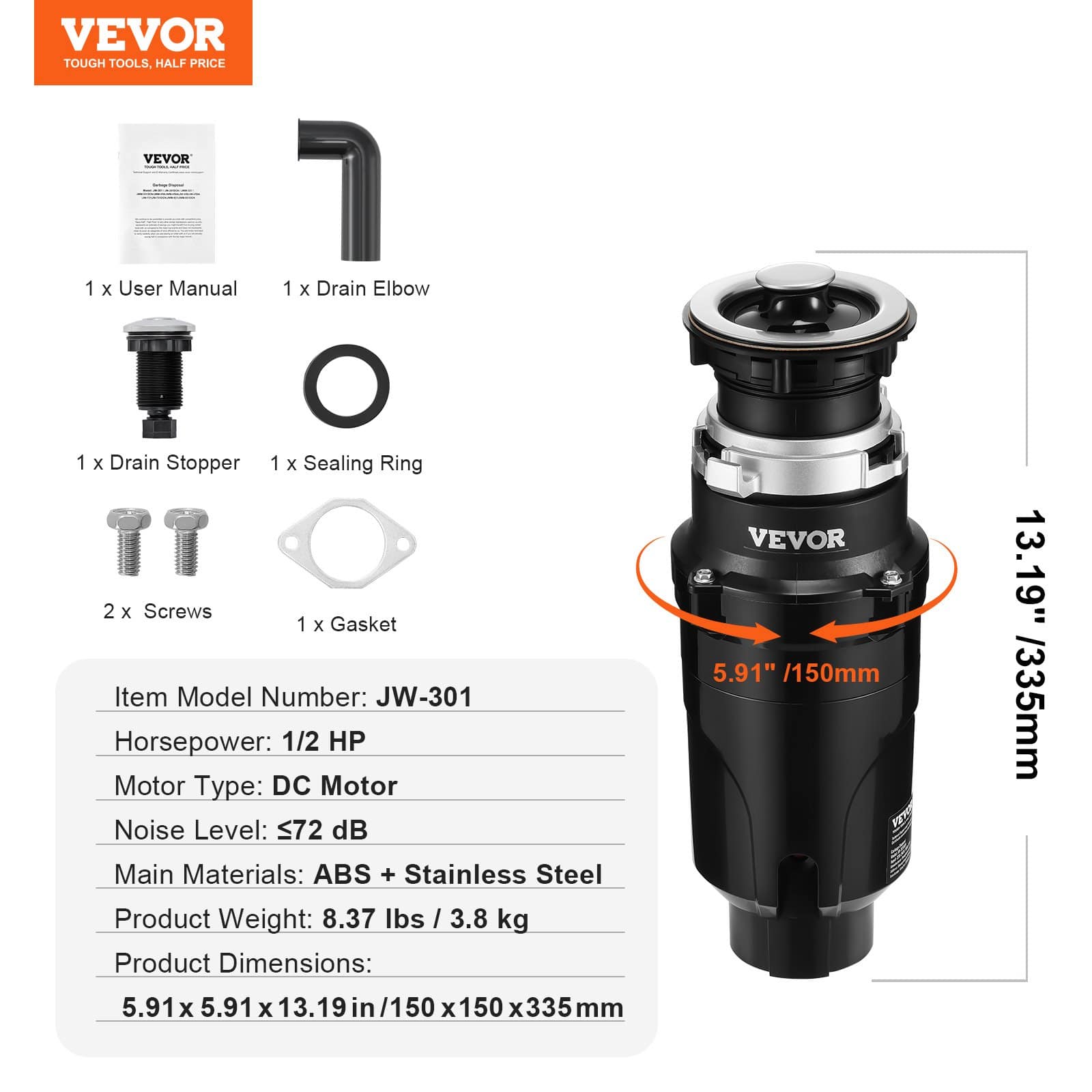 VEVOR 370W Garbage Disposal with 3820 RPM Continuous Feed, Quiet Operation, Stainless Steel Grinder, Easy Install — Attēls 7