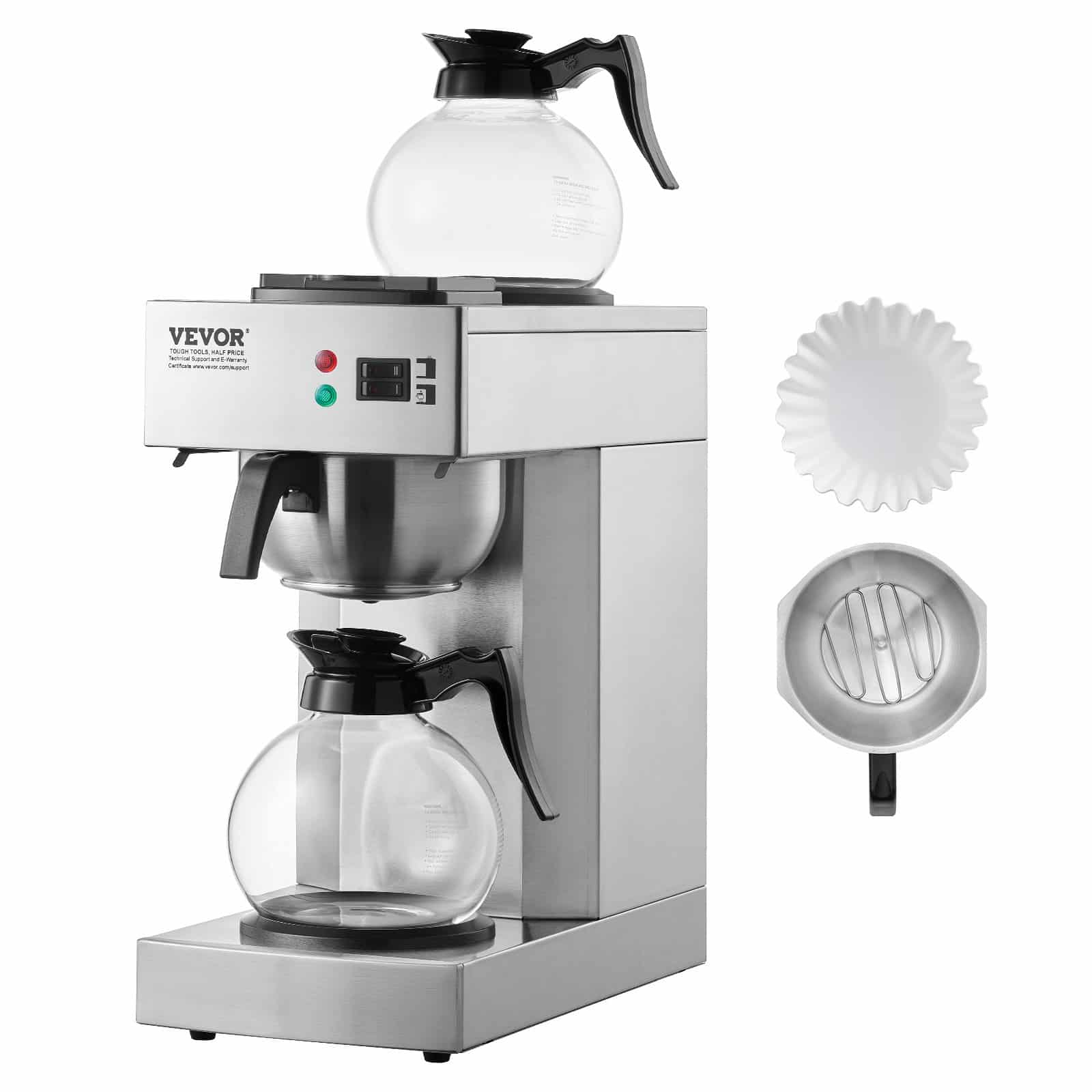 VEVOR 12-Cup Commercial Drip Coffee Maker with 2 Glass Carafes & Warmers, Stainless Steel Brewer for Cafe, Office, Restaurant