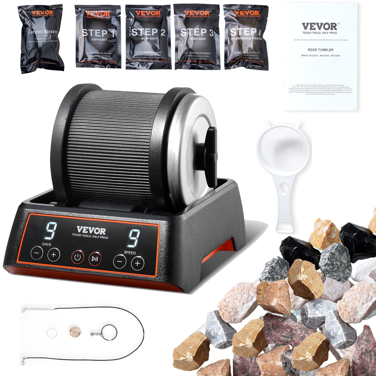VEVOR Rock Tumbler Kit with 1.13kg Capacity, 9-Speed & Timer, Gemstone Polisher with Grits & Stones for Kids and Adults