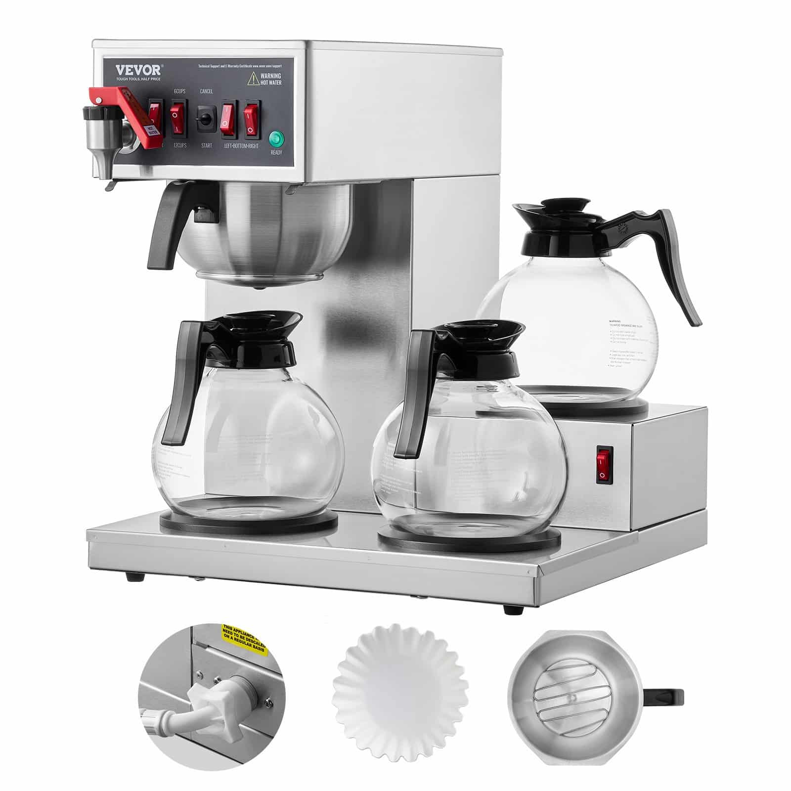 VEVOR 12-Cup Commercial Drip Coffee Maker with 3 Glass Carafes & 3 Warmers, Stainless Steel Brewer for Cafe/Office/Restaurant