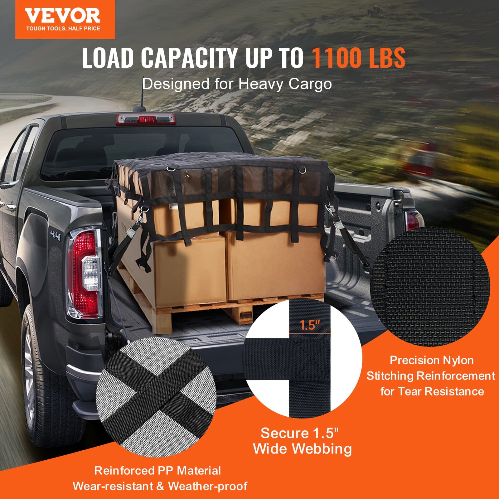 VEVOR Heavy Duty Cargo Net 183x145 cm with Straps, Carabiners & Hooks, Load 500 kg, Weatherproof for Truck, SUV, Boat — изображение 2