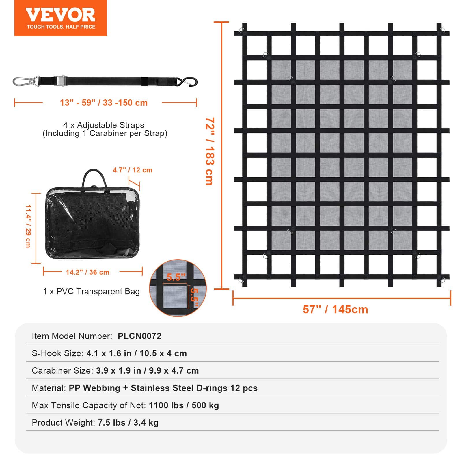 VEVOR Heavy Duty Cargo Net 183x145 cm with Straps, Carabiners & Hooks, Load 500 kg, Weatherproof for Truck, SUV, Boat — изображение 7