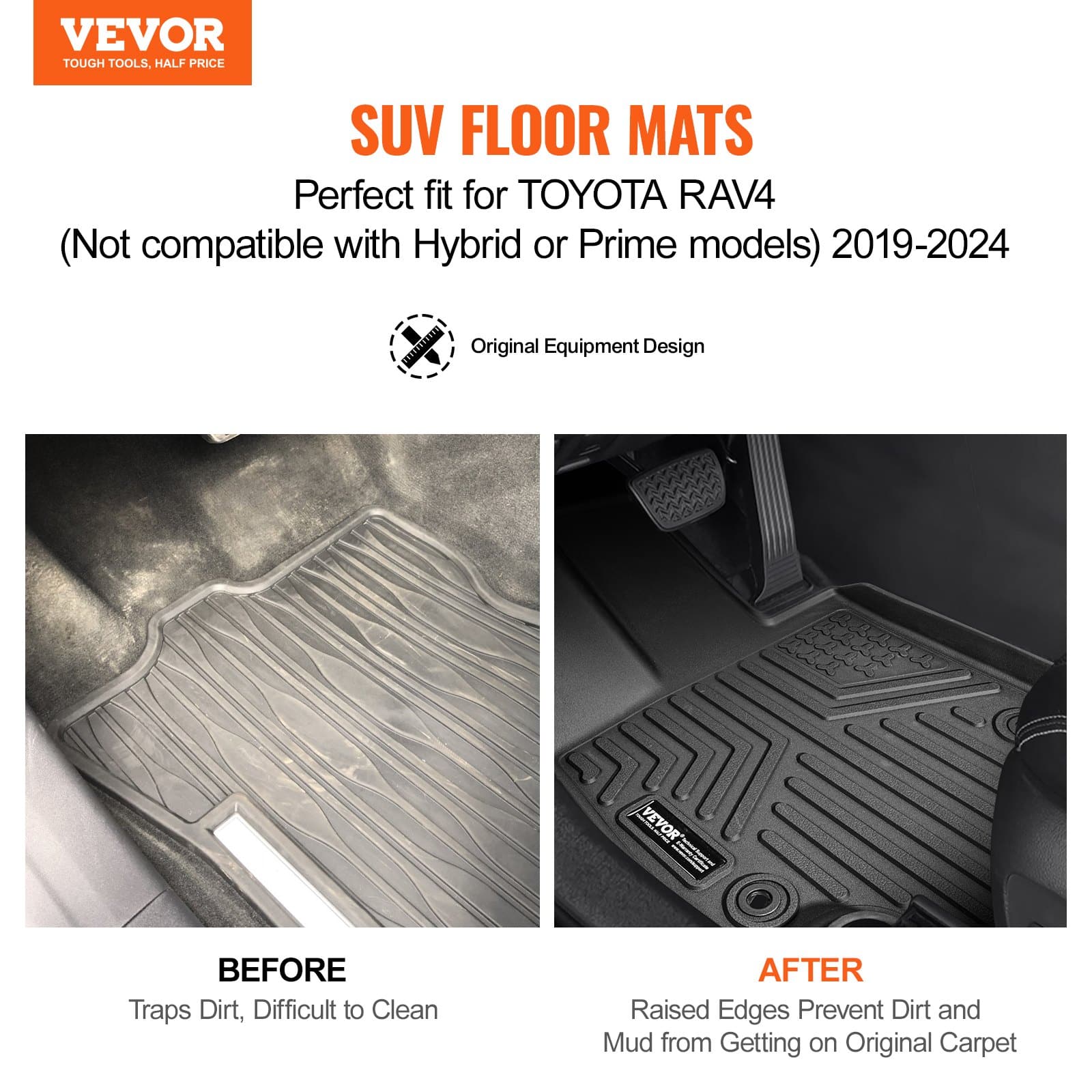 VEVOR TPE Floor Mats for Toyota RAV4 2019–2024 (Excl. Hybrid/Prime), 3 pcs Front & Rear, All-Weather, Custom Fit, Black — изображение 2
