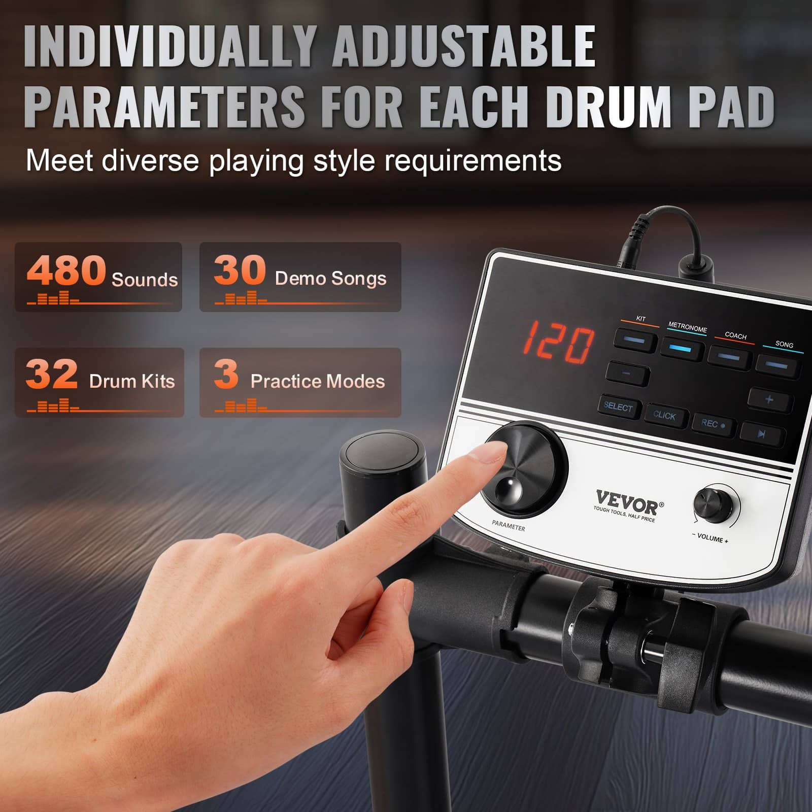 VEVOR Electronic Drum Kit with 32 Kits, 480 Sounds, 8" Mesh Drums, 10" Cymbals, USB MIDI, Pedals, Headphones & Throne - Зображення 3