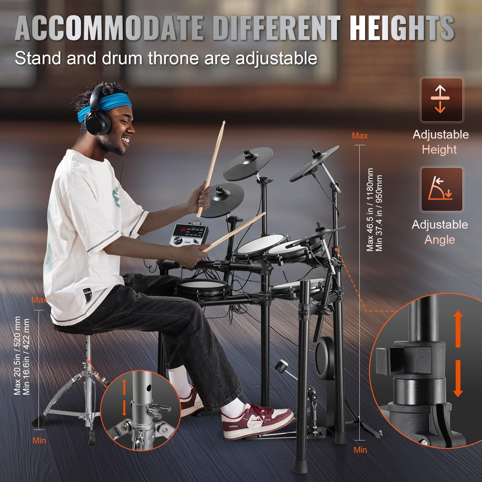 VEVOR Electronic Drum Kit with 32 Kits, 480 Sounds, 8" Mesh Drums, 10" Cymbals, USB MIDI, Pedals, Headphones & Throne - Зображення 6
