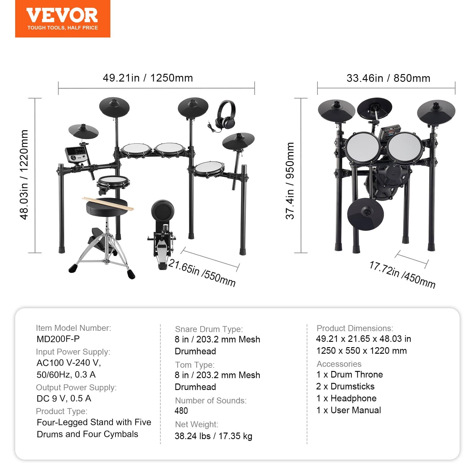 VEVOR Electronic Drum Kit with 32 Kits, 480 Sounds, 8" Mesh Drums, 10" Cymbals, USB MIDI, Pedals, Headphones & Throne - Зображення 7