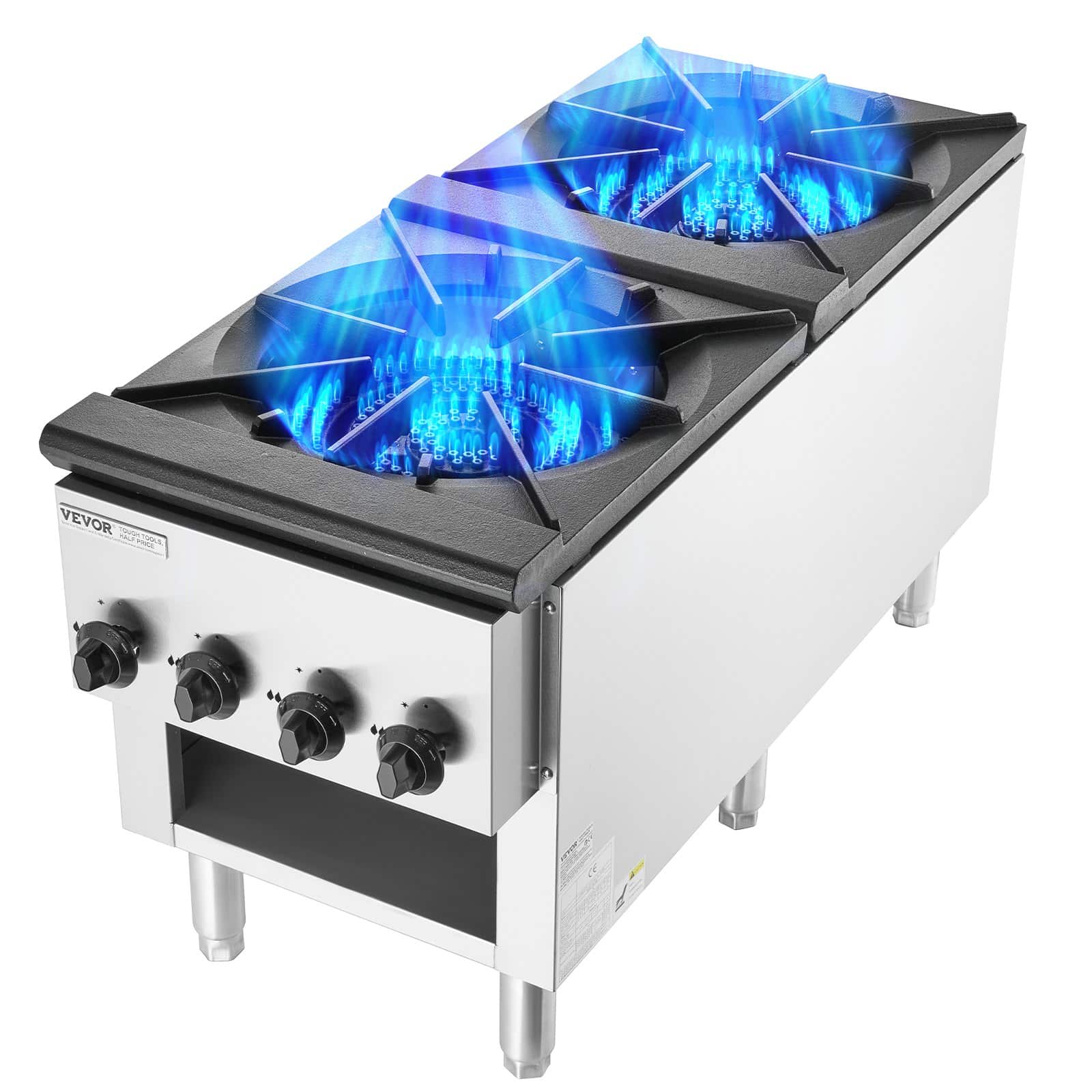 VEVOR 52kW Commercial Gas Stove with 2 Cast Iron Burners, Propane/Natural Gas, Stainless Steel, for Restaurants & Kitchens