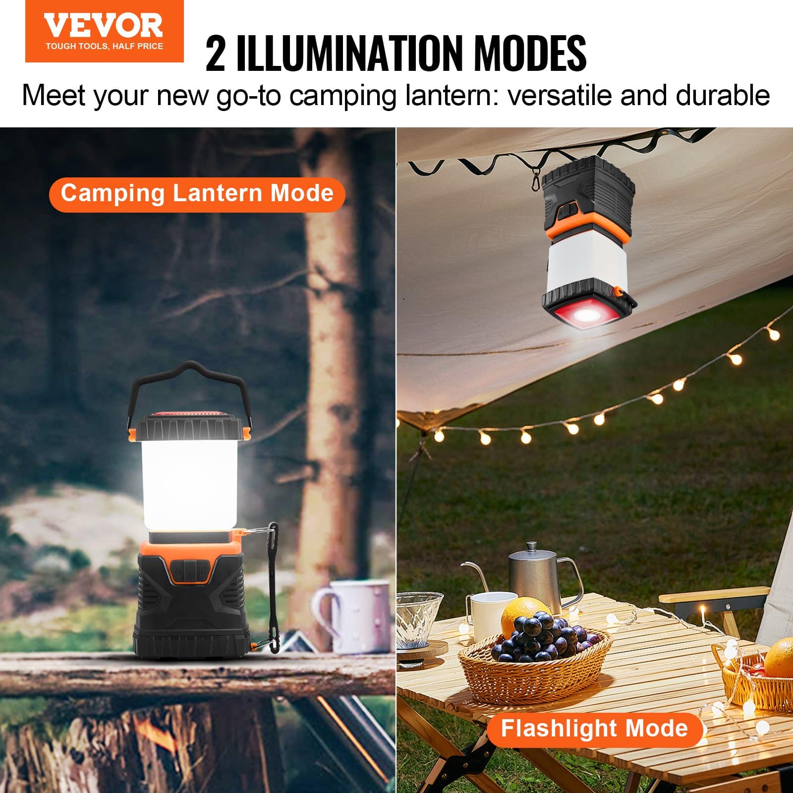 VEVOR LED Camping Lantern 1000LM, 360° Light, 4 Modes, Battery Powered, Waterproof, Portable Outdoor Flashlight — attēls 2