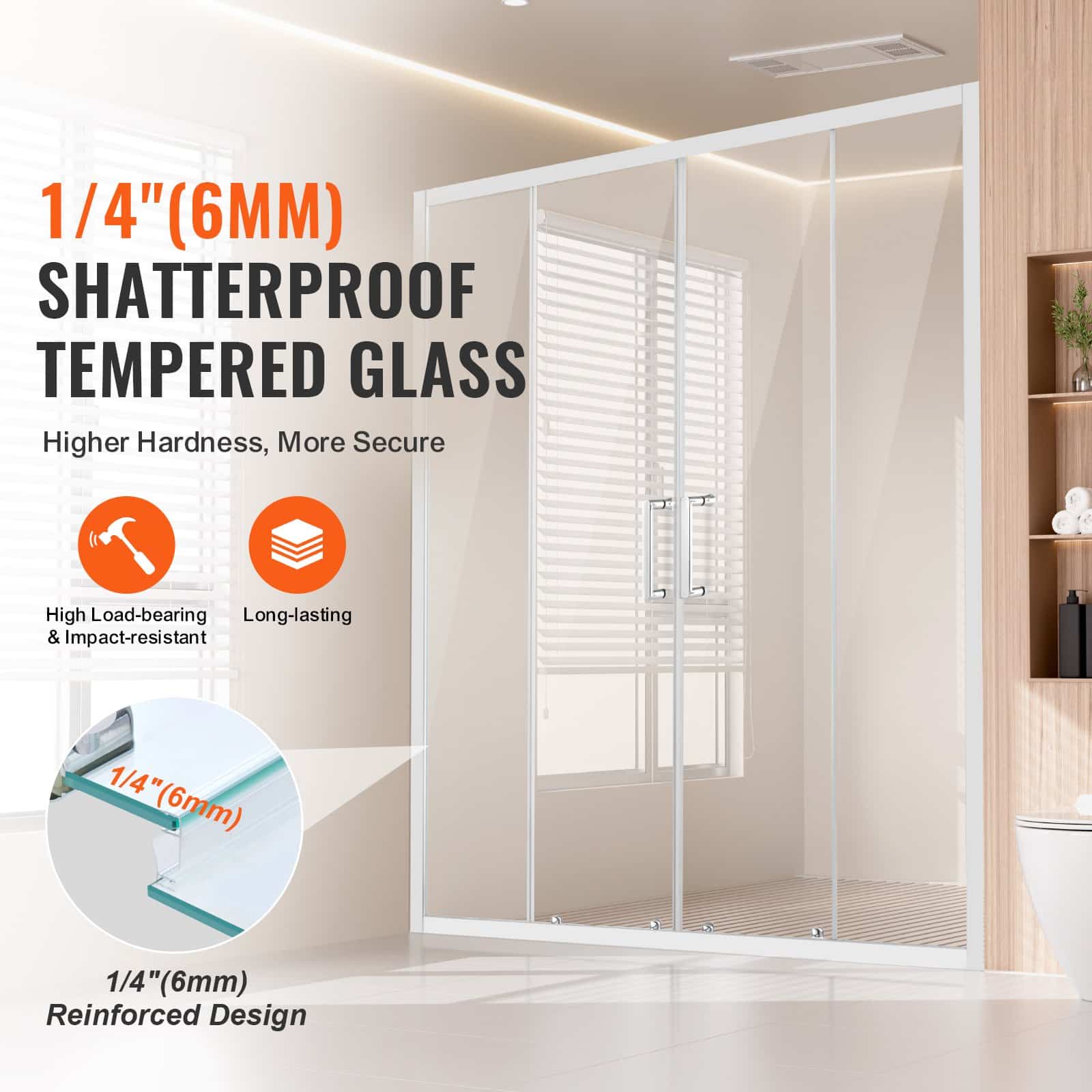 VEVOR Semi-Frameless Shower Door 147-150cm x 178cm, Double Sliding 6mm Tempered Glass, Nano Coated, Chrome Finish - Image 2
