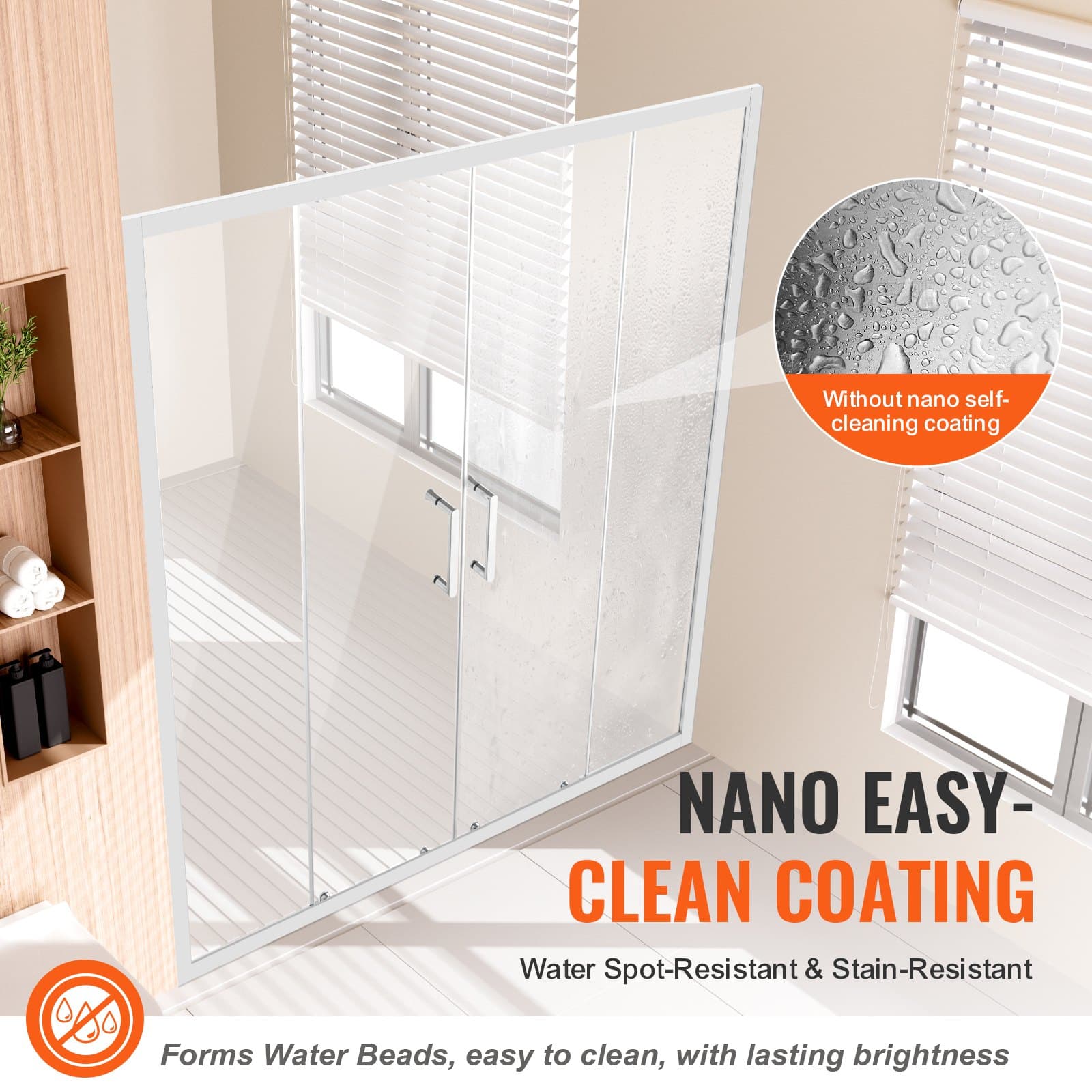 VEVOR Semi-Frameless Shower Door 147-150cm x 178cm, Double Sliding 6mm Tempered Glass, Nano Coated, Chrome Finish - Image 3