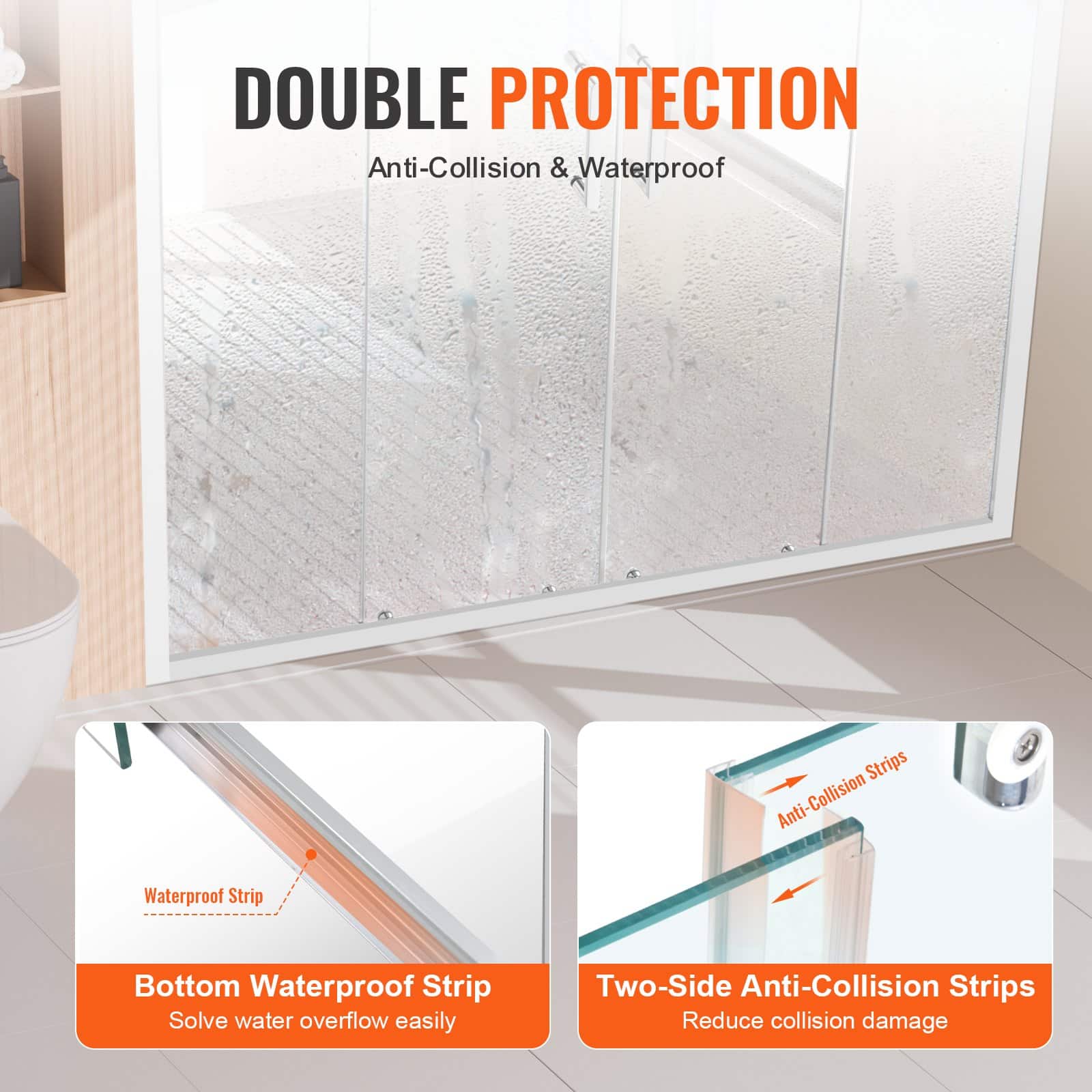 VEVOR Semi-Frameless Shower Door 147-150cm x 178cm, Double Sliding 6mm Tempered Glass, Nano Coated, Chrome Finish - Image 6