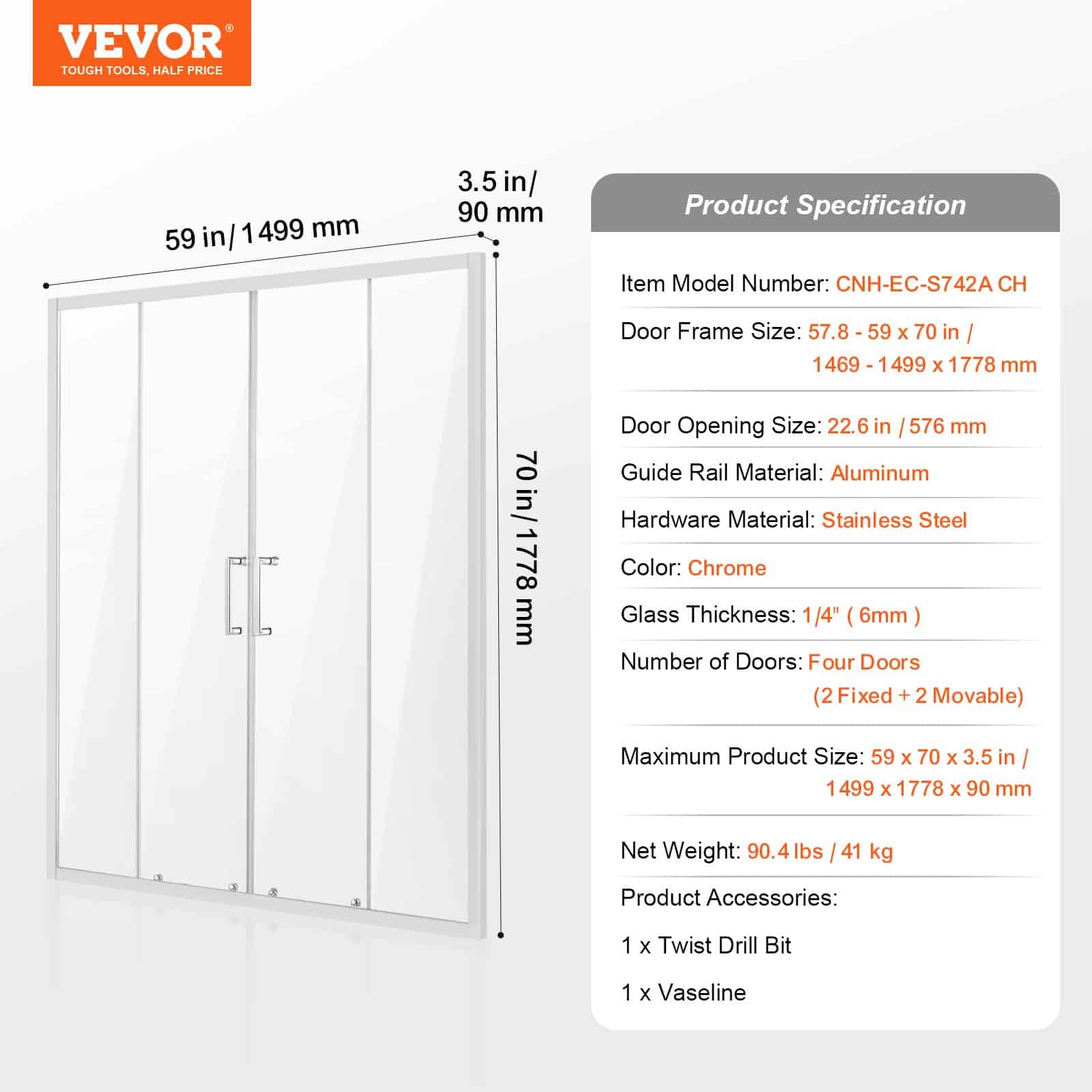 VEVOR Semi-Frameless Shower Door 147-150cm x 178cm, Double Sliding 6mm Tempered Glass, Nano Coated, Chrome Finish - Image 7