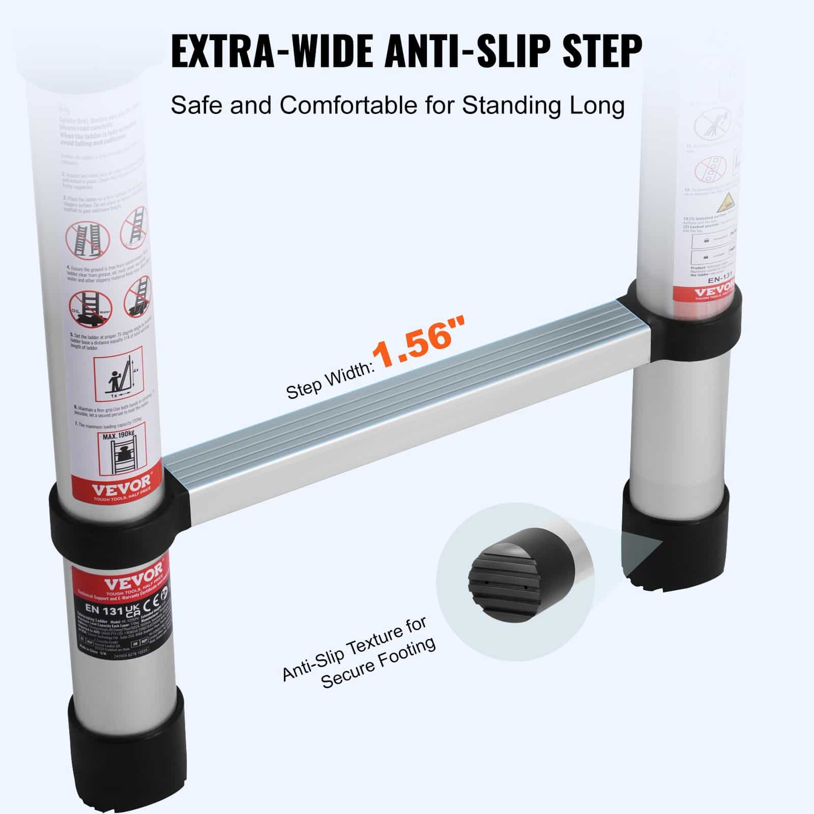 VEVOR 3.8m Telescoping Aluminum Ladder, A-Frame Folding Ladder with Stabilizer, 170kg Capacity, Lightweight & Compact for Home/RV – Paveikslėlis 3