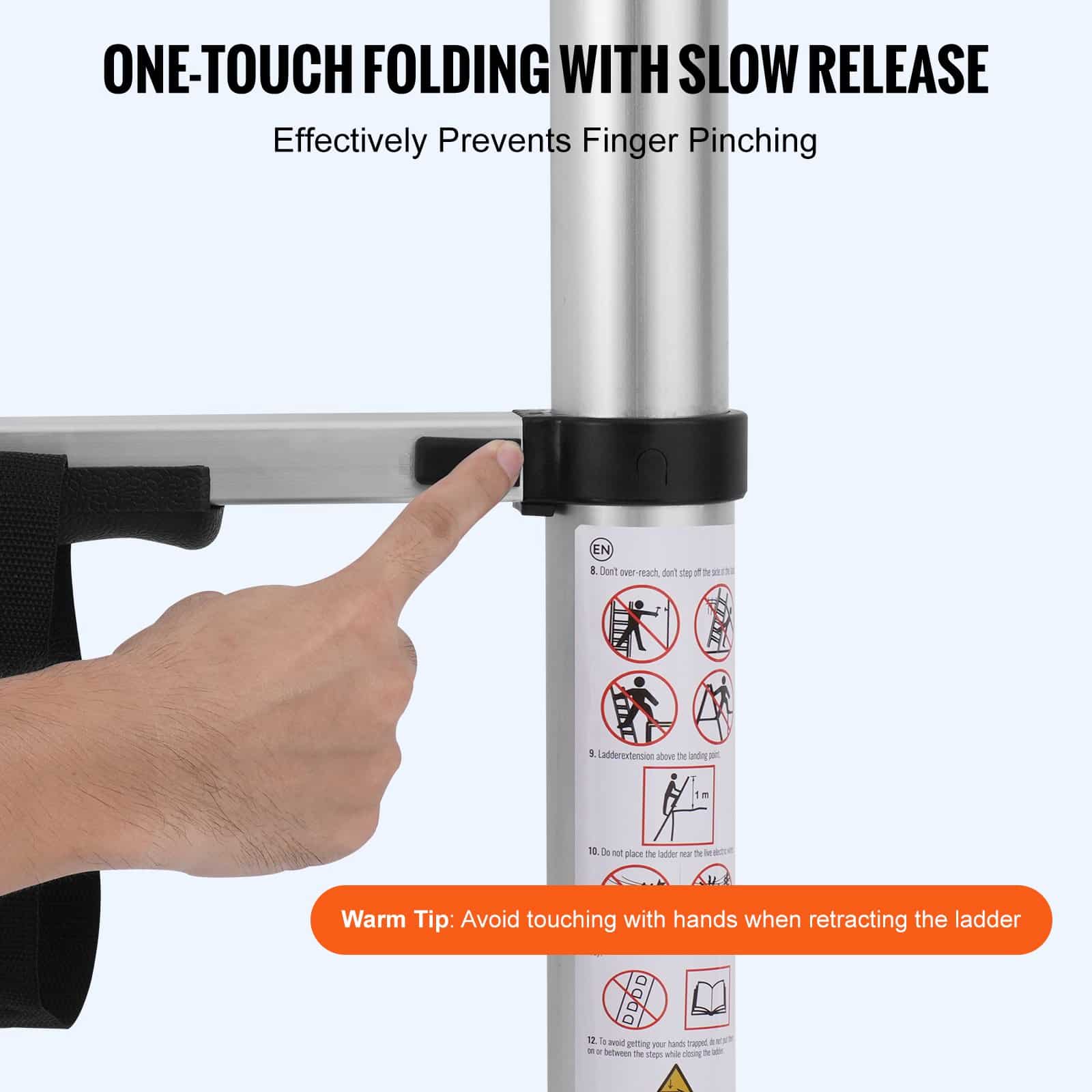 VEVOR 3.8m Telescoping Aluminum Ladder, A-Frame Folding Ladder with Stabilizer, 170kg Capacity, Lightweight & Compact for Home/RV – Paveikslėlis 4