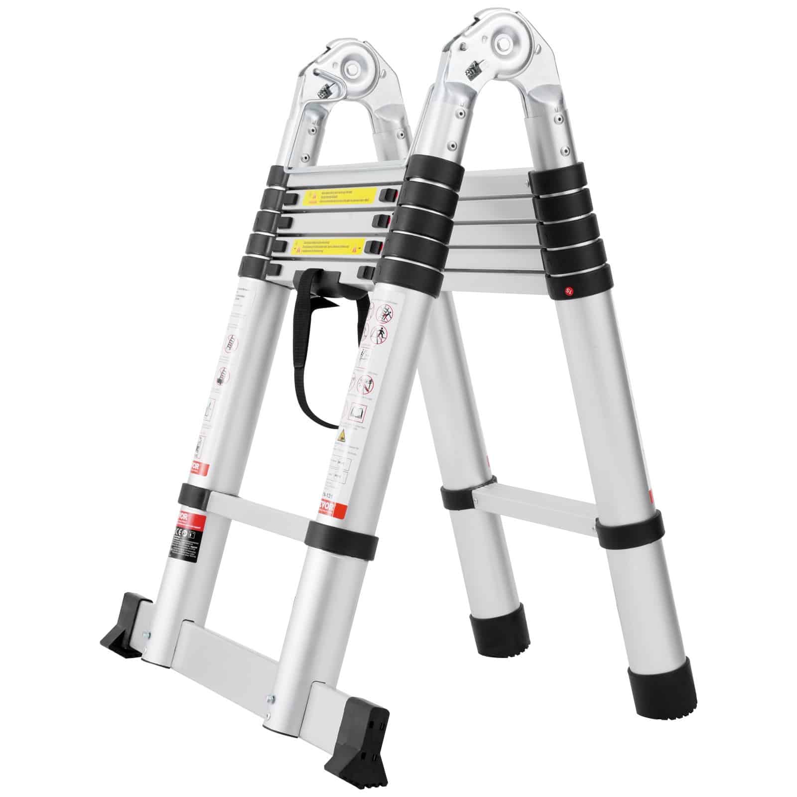 VEVOR 3.8m Telescoping Aluminum Ladder, A-Frame Folding Ladder with Stabilizer, 170kg Capacity, Lightweight & Compact for Home/RV – Paveikslėlis 10
