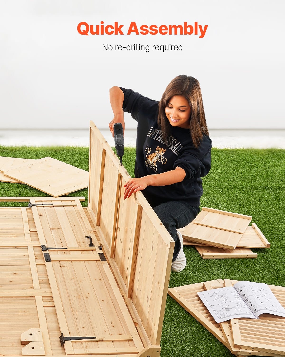 VEVOR Outdoor Wooden Storage Shed 147x198 cm, Waterproof Roof, Metal Frame, Lockable Doors, Shelves, Floor, Garden Tool Cabinet - Image 4