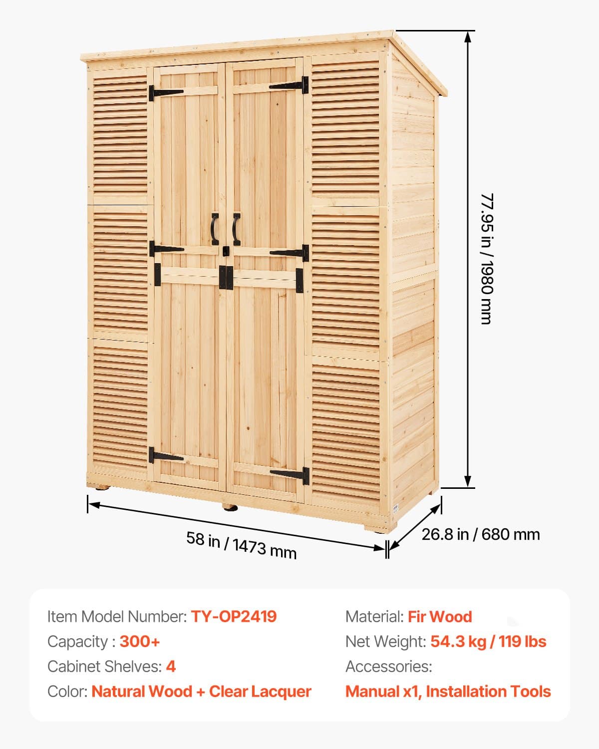 VEVOR Outdoor Wooden Storage Shed 147x198 cm, Waterproof Roof, Metal Frame, Lockable Doors, Shelves, Floor, Garden Tool Cabinet - Image 7