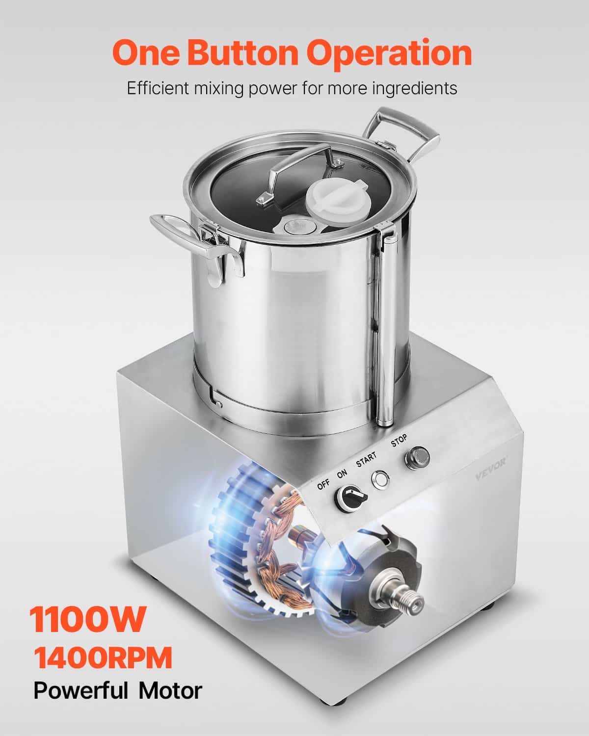 VEVOR 10L Commercial Food Processor & Vegetable Chopper, 1100W Stainless Steel with 2 S-Curve Blades, for Vegetables & Fruits - Зображення 4