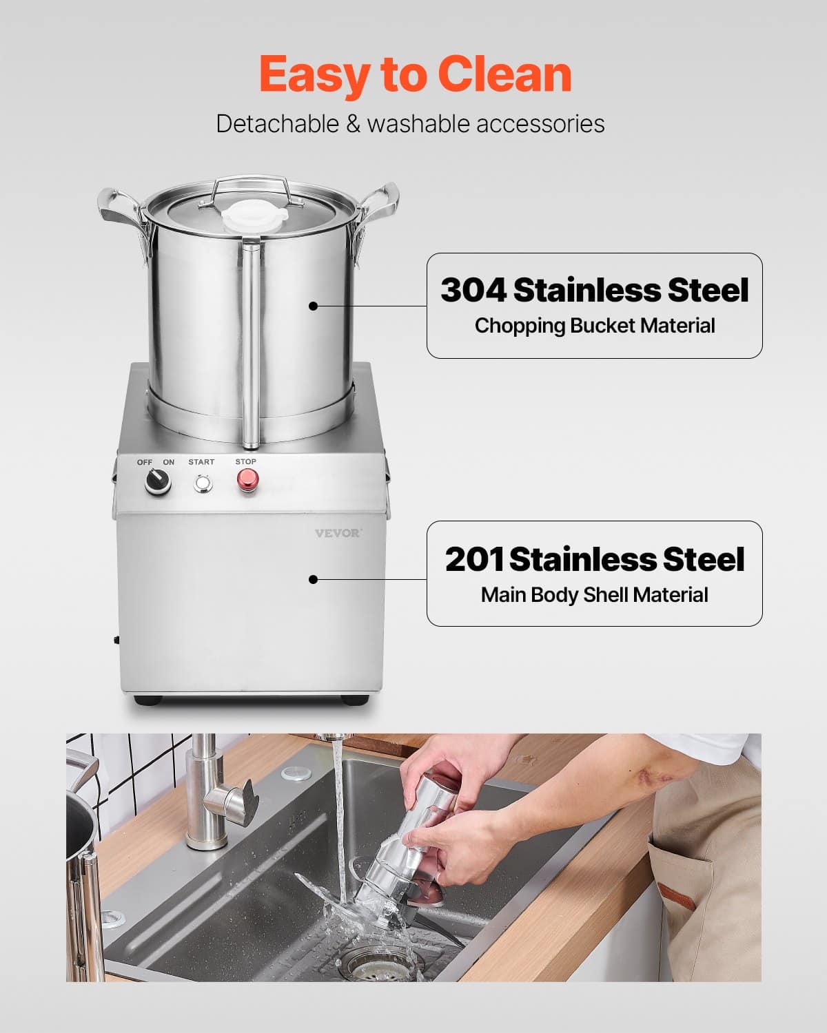 VEVOR 10L Commercial Food Processor & Vegetable Chopper, 1100W Stainless Steel with 2 S-Curve Blades, for Vegetables & Fruits - Зображення 6