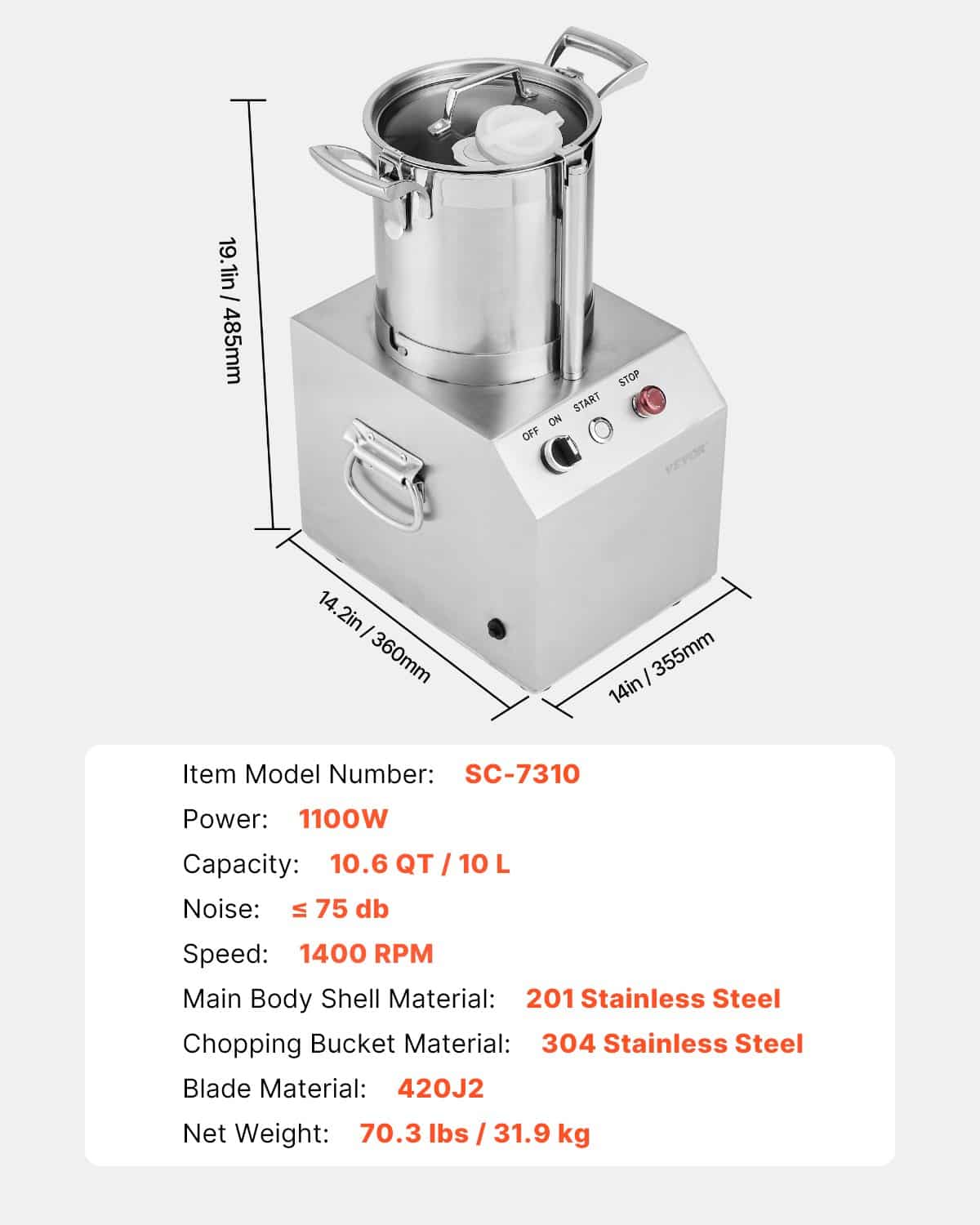 VEVOR 10L Commercial Food Processor & Vegetable Chopper, 1100W Stainless Steel with 2 S-Curve Blades, for Vegetables & Fruits - Зображення 7