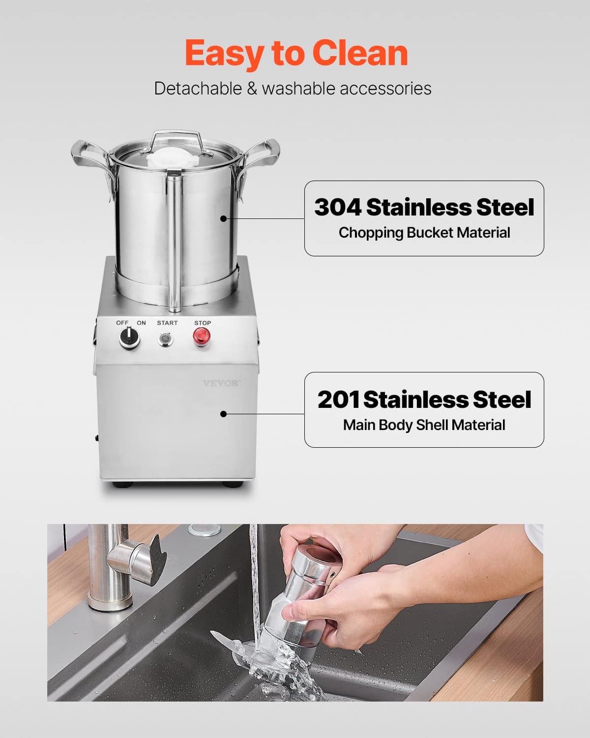 VEVOR 4L Stainless Steel Commercial Food Processor & Vegetable Chopper with 2 S-Curve Blades, 550W Motor, for Fruits & Nuts - Зображення 6