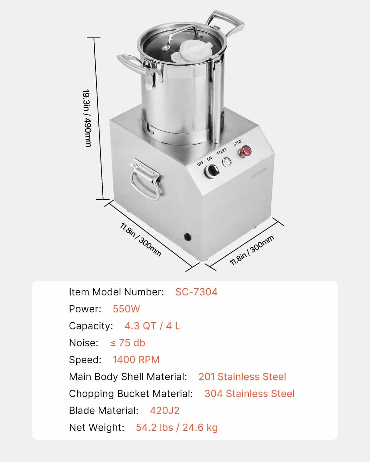 VEVOR 4L Stainless Steel Commercial Food Processor & Vegetable Chopper with 2 S-Curve Blades, 550W Motor, for Fruits & Nuts - Зображення 7