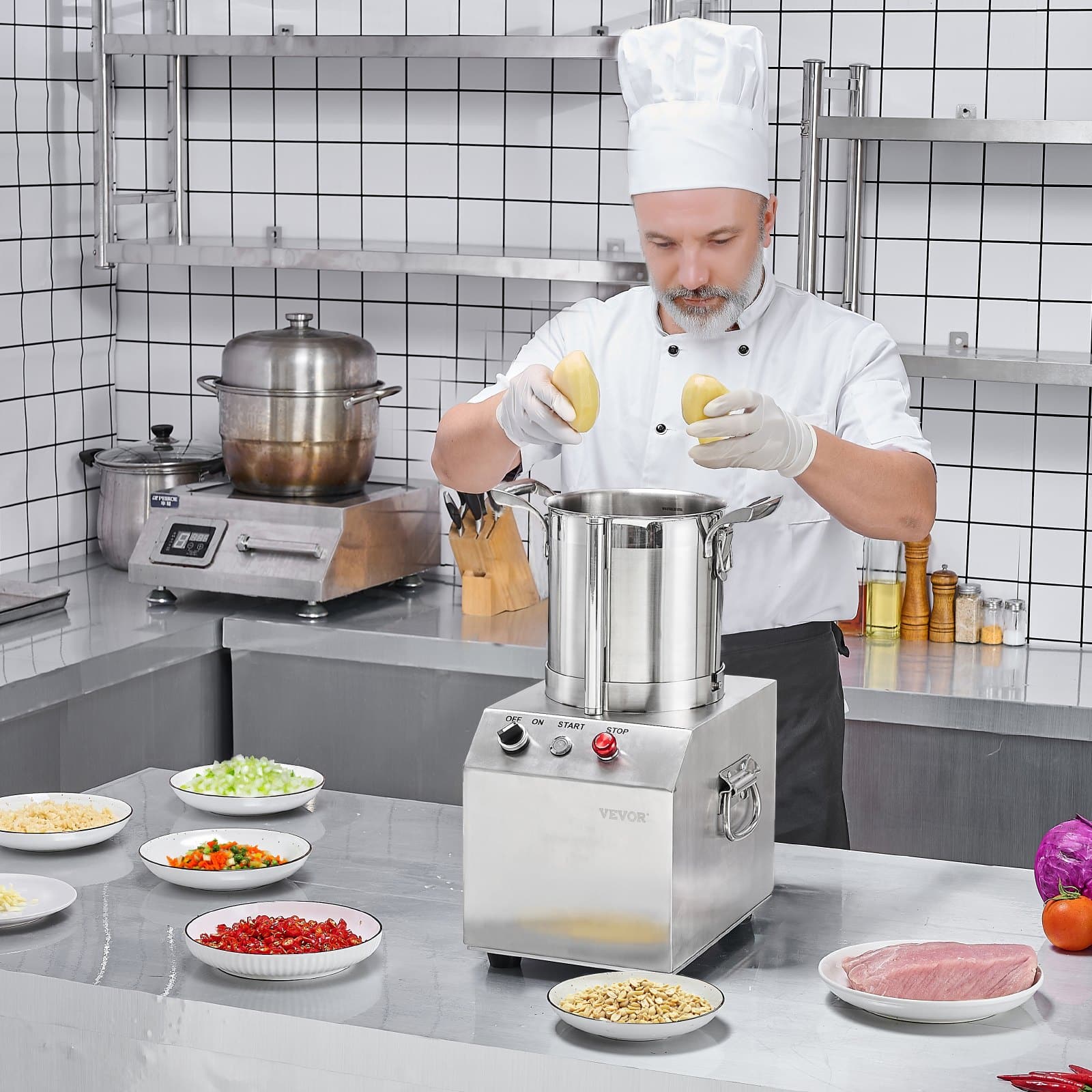 VEVOR 4L Stainless Steel Commercial Food Processor & Vegetable Chopper with 2 S-Curve Blades, 550W Motor, for Fruits & Nuts - Зображення 8