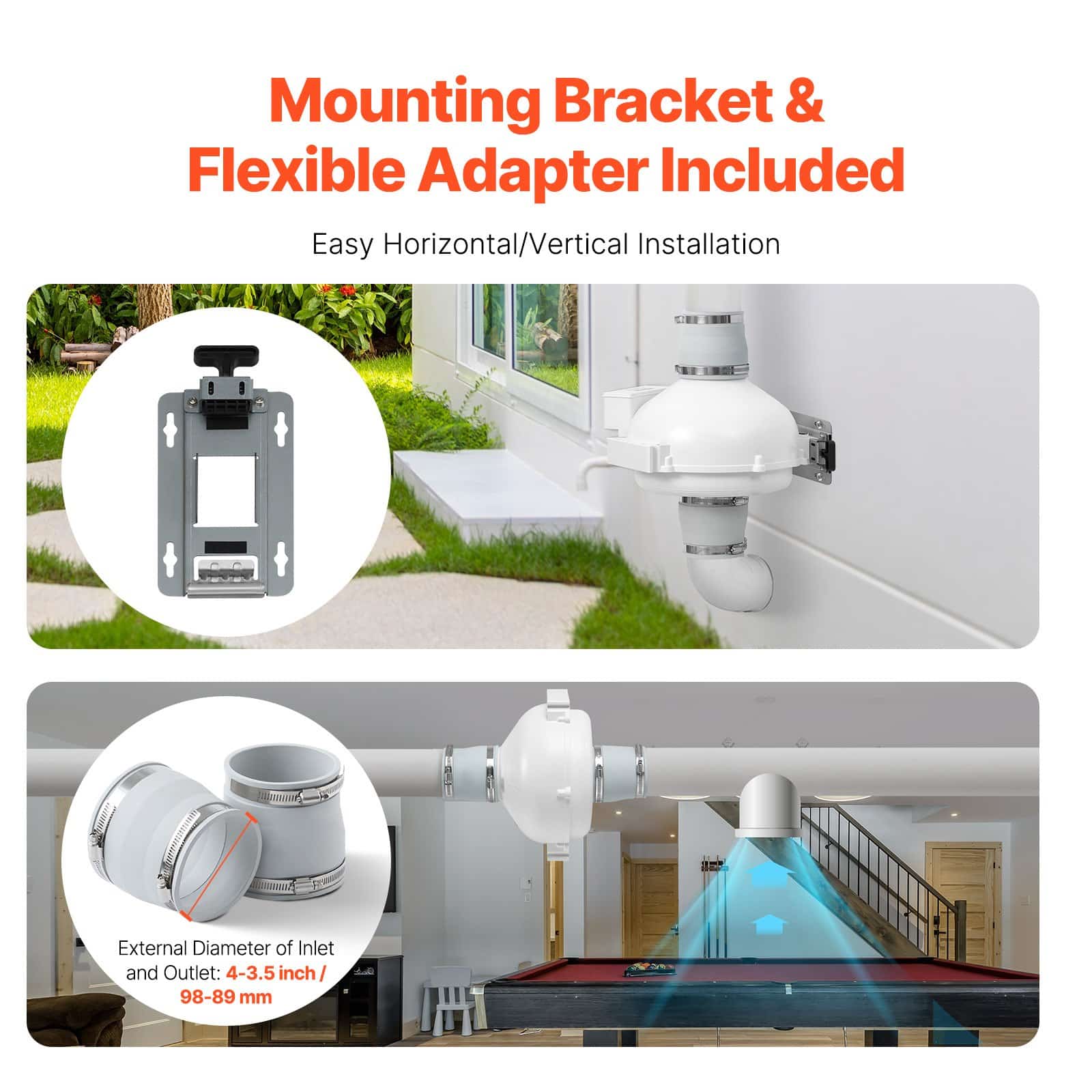 VEVOR Radon Mitigation Fan Kit 4 to 8.9 cm, 260 CFM Quiet Inline Duct Fan with Pressure Gauge, Waterproof for Indoor/Outdoor Use — изображение 5