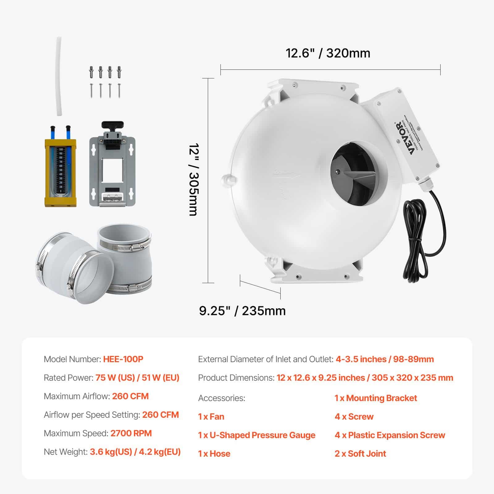 VEVOR Radon Mitigation Fan Kit 4 to 8.9 cm, 260 CFM Quiet Inline Duct Fan with Pressure Gauge, Waterproof for Indoor/Outdoor Use — изображение 7
