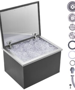 VEVOR 44L Stainless Steel Drop-in Ice Chest with Hinged Lid, Outdoor Cooler Bin with Drain for Bars & Kitchens