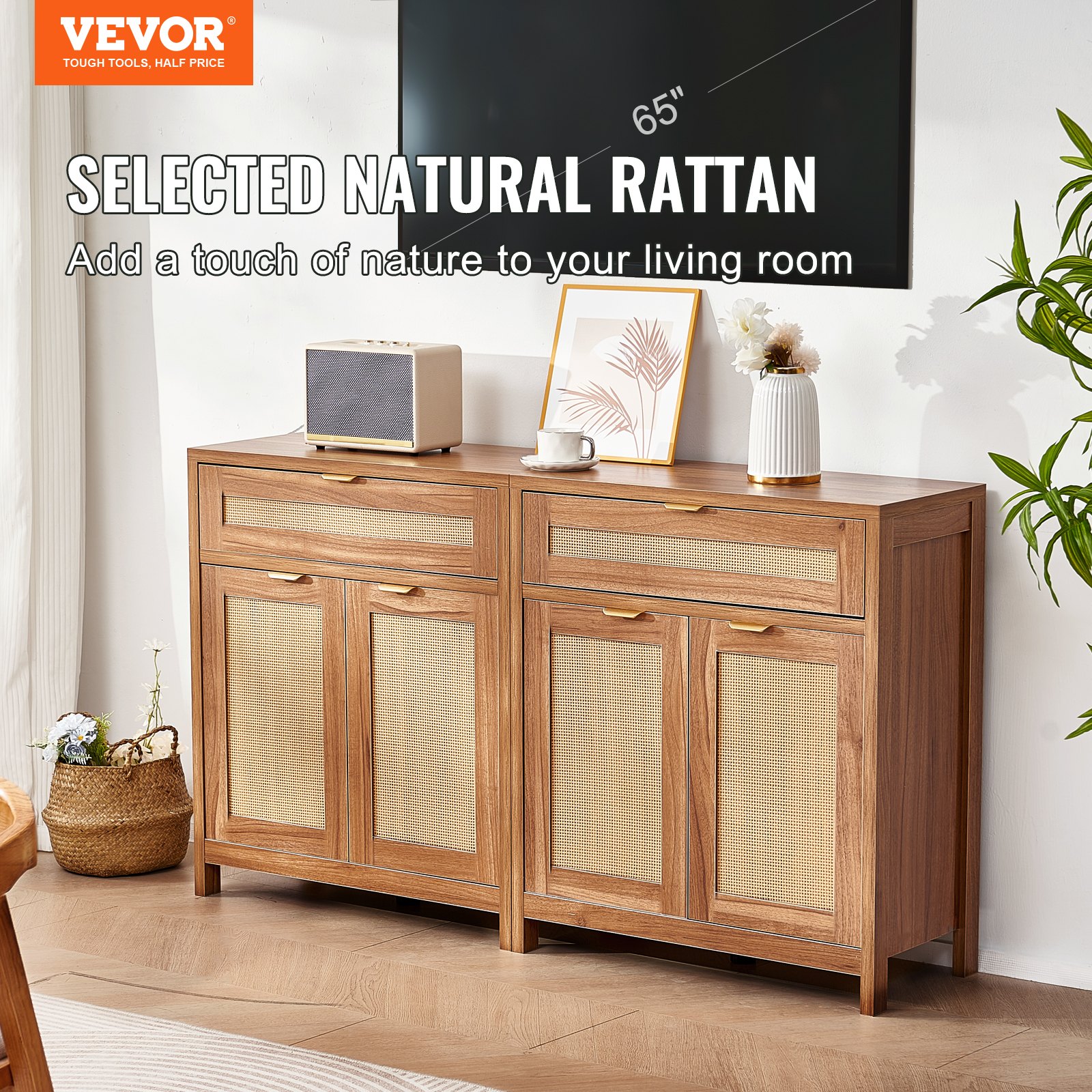VEVOR Set of 2 Rattan Storage Cabinets, 4 Magnetic Doors, 2 Drawers, Adjustable Shelves, Natural Sideboards for Home Use – Paveikslėlis 2