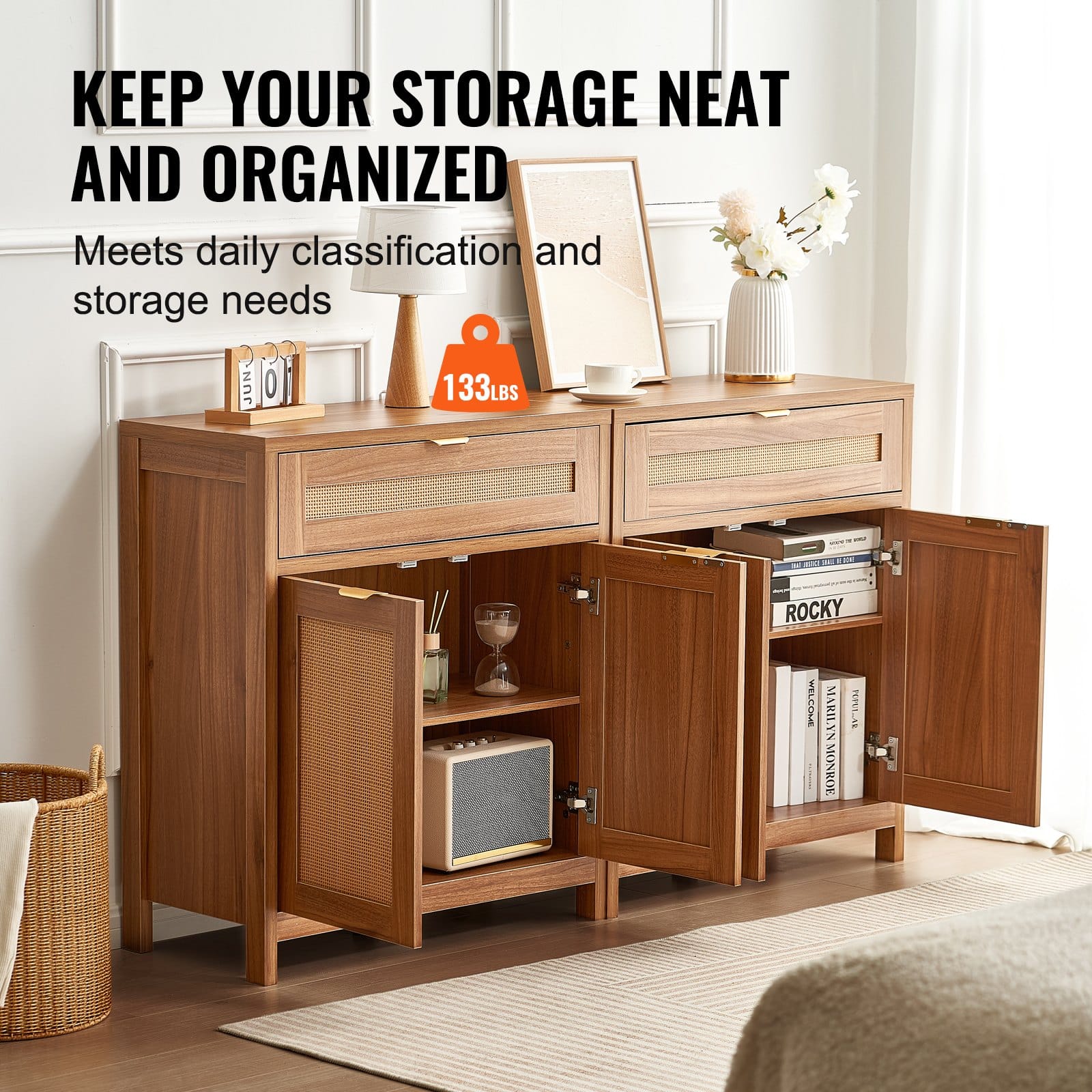 VEVOR Set of 2 Rattan Storage Cabinets, 4 Magnetic Doors, 2 Drawers, Adjustable Shelves, Natural Sideboards for Home Use – Paveikslėlis 3