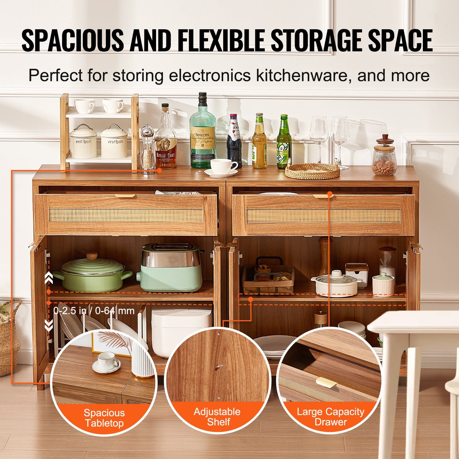 VEVOR Set of 2 Rattan Storage Cabinets, 4 Magnetic Doors, 2 Drawers, Adjustable Shelves, Natural Sideboards for Home Use – Paveikslėlis 4