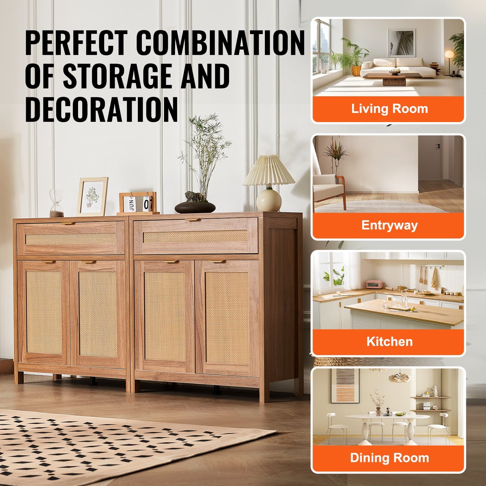VEVOR Set of 2 Rattan Storage Cabinets, 4 Magnetic Doors, 2 Drawers, Adjustable Shelves, Natural Sideboards for Home Use – Paveikslėlis 6