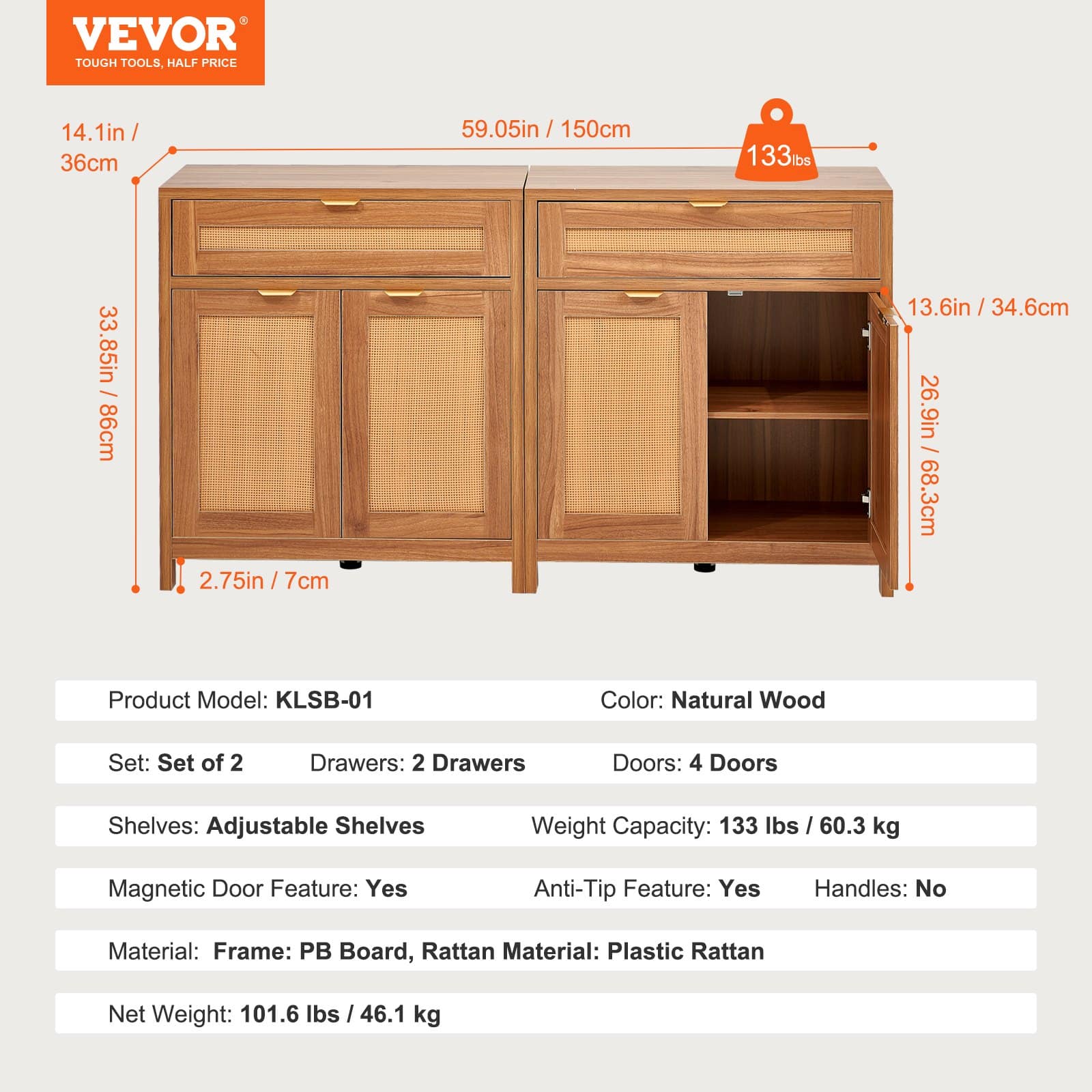 VEVOR Set of 2 Rattan Storage Cabinets, 4 Magnetic Doors, 2 Drawers, Adjustable Shelves, Natural Sideboards for Home Use – Paveikslėlis 7