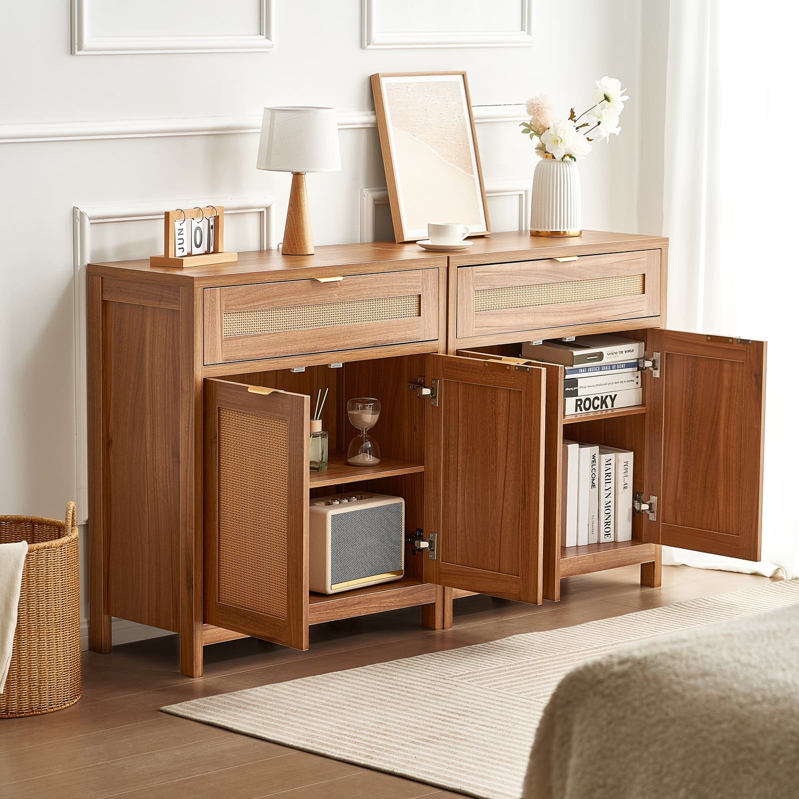 VEVOR Set of 2 Rattan Storage Cabinets, 4 Magnetic Doors, 2 Drawers, Adjustable Shelves, Natural Sideboards for Home Use – Paveikslėlis 8