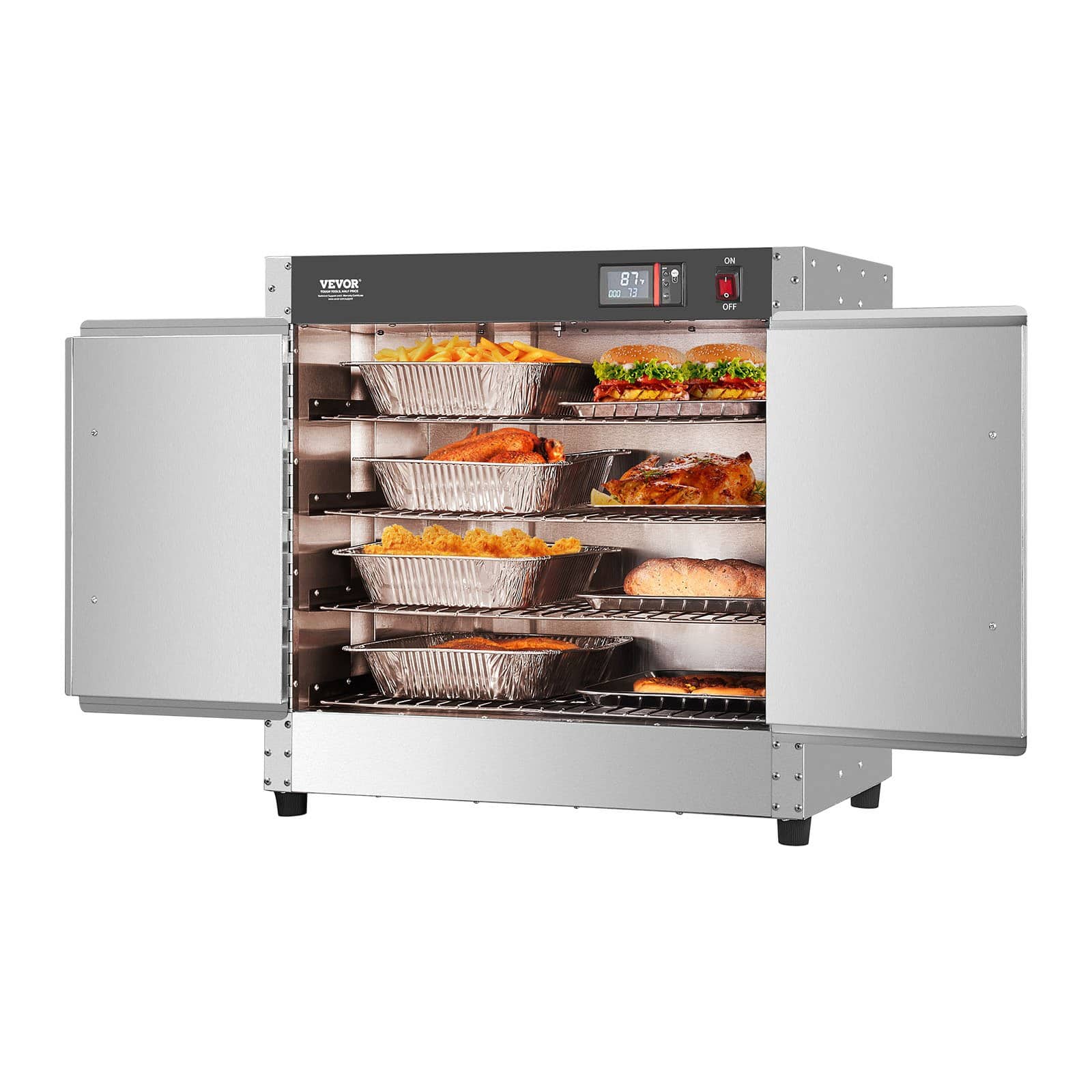 VEVOR 4-Tier Stainless Steel Food Warmer Cabinet with Water Tray, Double Doors & Adjustable Shelves, 80–80°C, Ideal for Pizza & Chicken