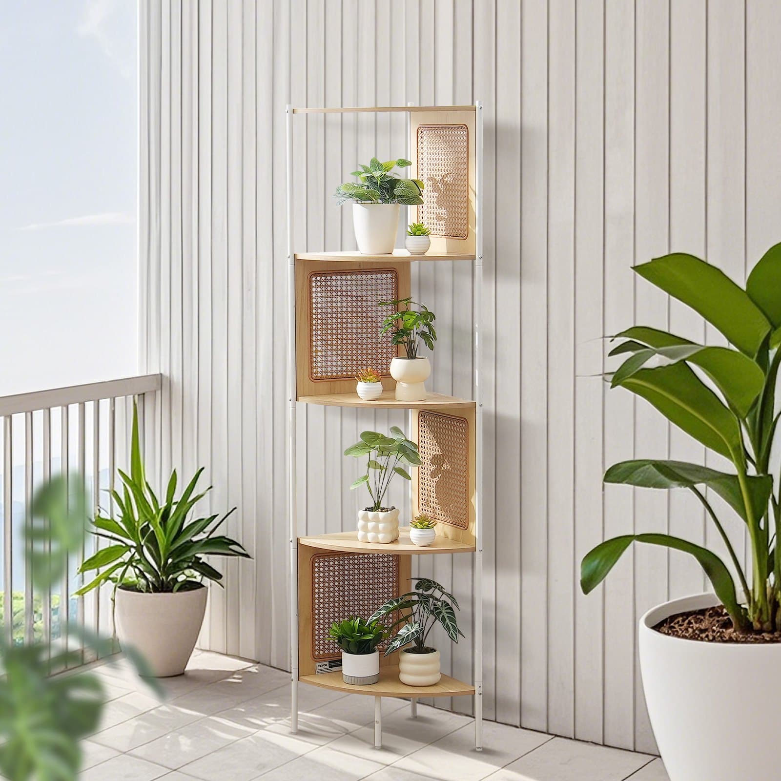 VEVOR 5-Tier Rattan Corner Bookshelf with Metal Frame, Narrow Ladder Shelf for Storage & Display, Natural Finish — изображение 8