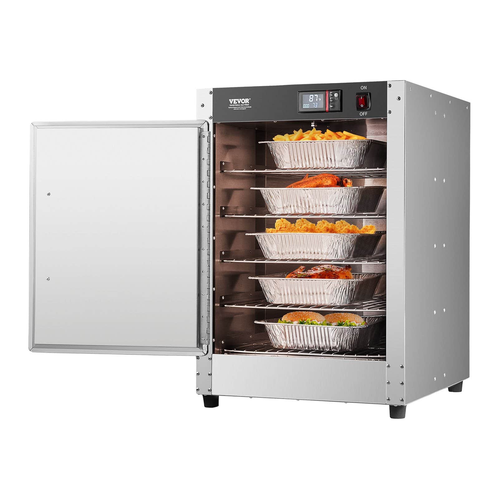 VEVOR 5-Tier Stainless Steel Food Warmer Cabinet with Water Tray, Adjustable Shelves & Pans for Pizza, Chicken, Catering