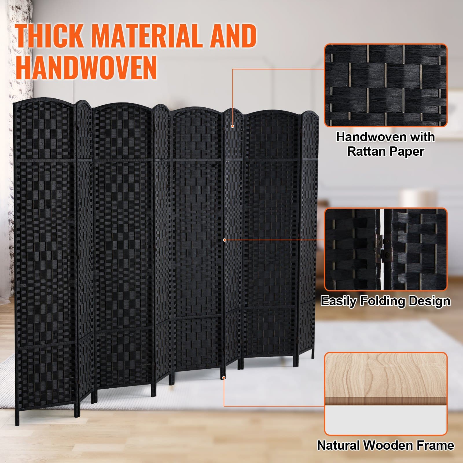 VEVOR 8-Panel Handwoven Rattan Room Divider, Folding Privacy Screen with Hinges, Freestanding Partition, Black - Зображення 4