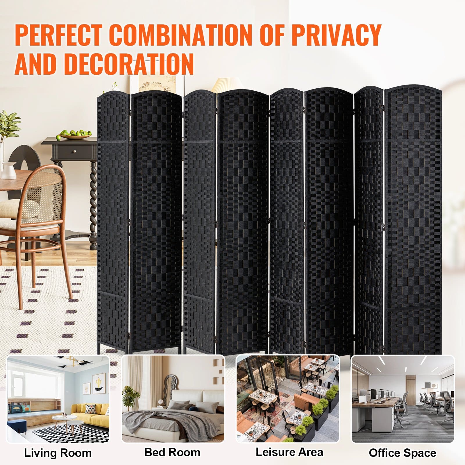 VEVOR 8-Panel Handwoven Rattan Room Divider, Folding Privacy Screen with Hinges, Freestanding Partition, Black - Зображення 6