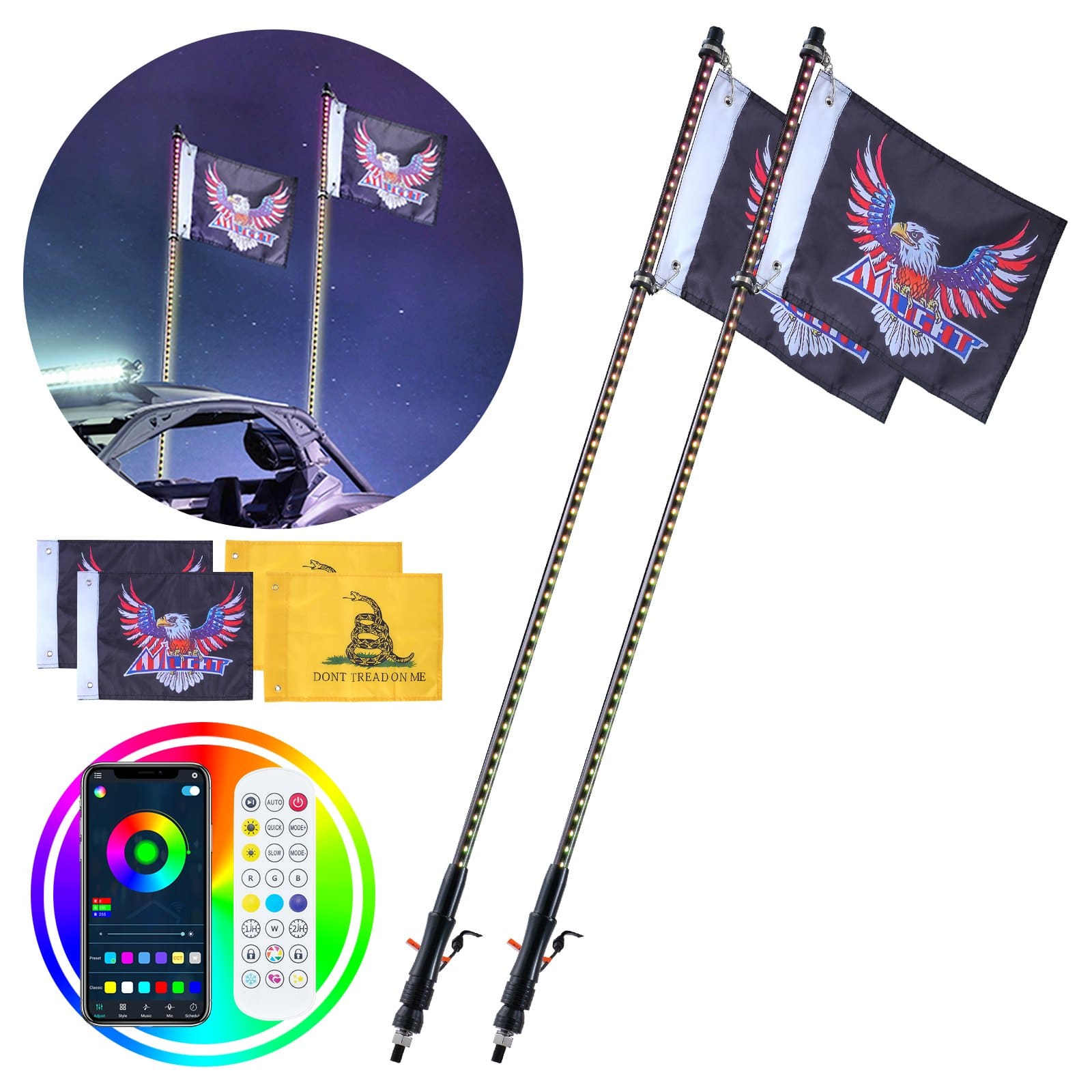 VEVOR 2PCS 1.2m LED Whip Lights with APP & RF Remote, RGB, IP67 Waterproof, 4 Flags, for UTV, ATV, Off-Road, Motorcycle