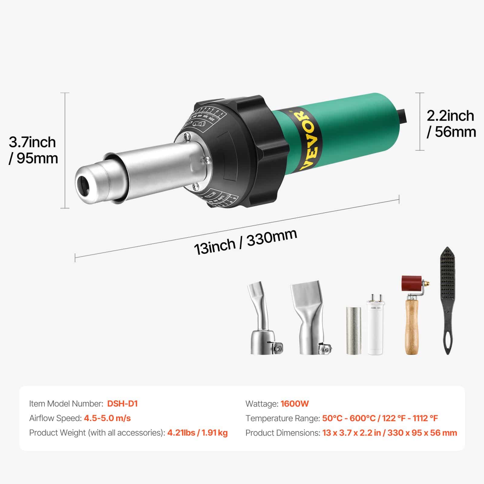 VEVOR 1600W Hot Air Plastic Welder Kit with Nozzles, Seam Roller & Brush for PVC/PE/PP Sheets, Adjustable 50–600°C - Pilt 7