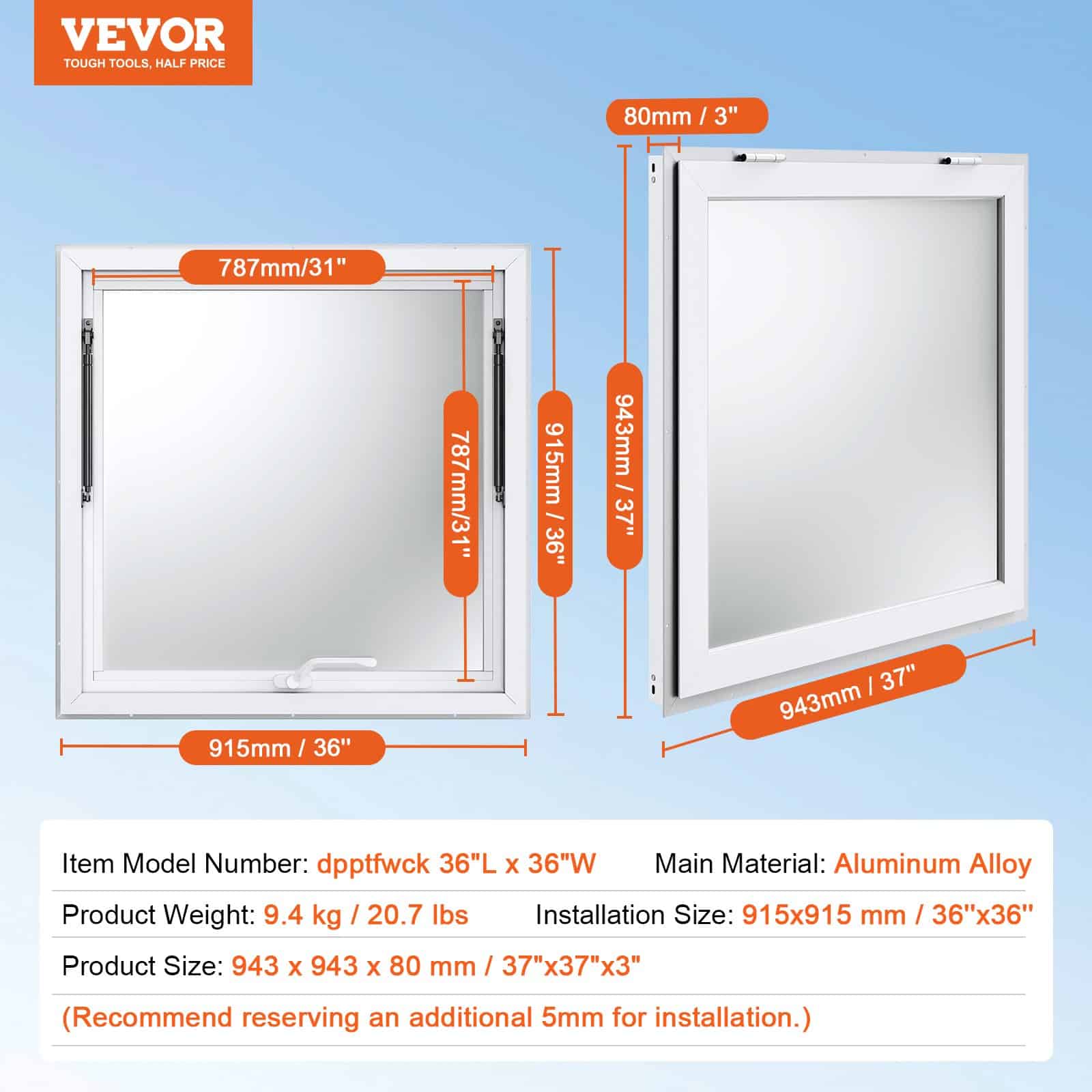 VEVOR 91x91 cm Aluminum Concession Window with Awning, Lock & Hydraulic Rods for Food Trucks & Trailers - Image 7