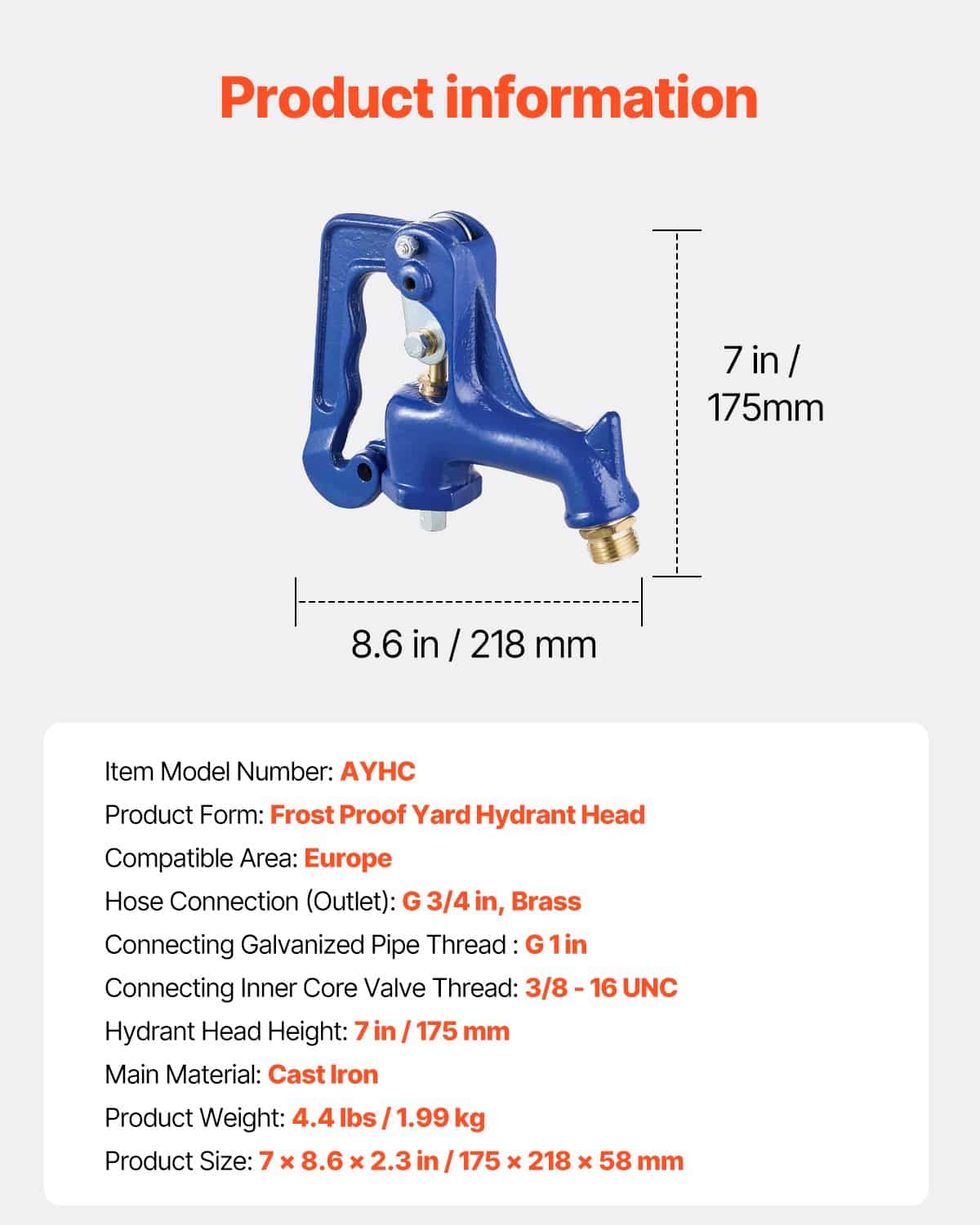 VEVOR Frost-Free Outdoor Faucet Head, G 1" Thread & G 3/4" Hose Connection, Anti-Freeze Yard Hydrant for Garden & Irrigation - Зображення 7