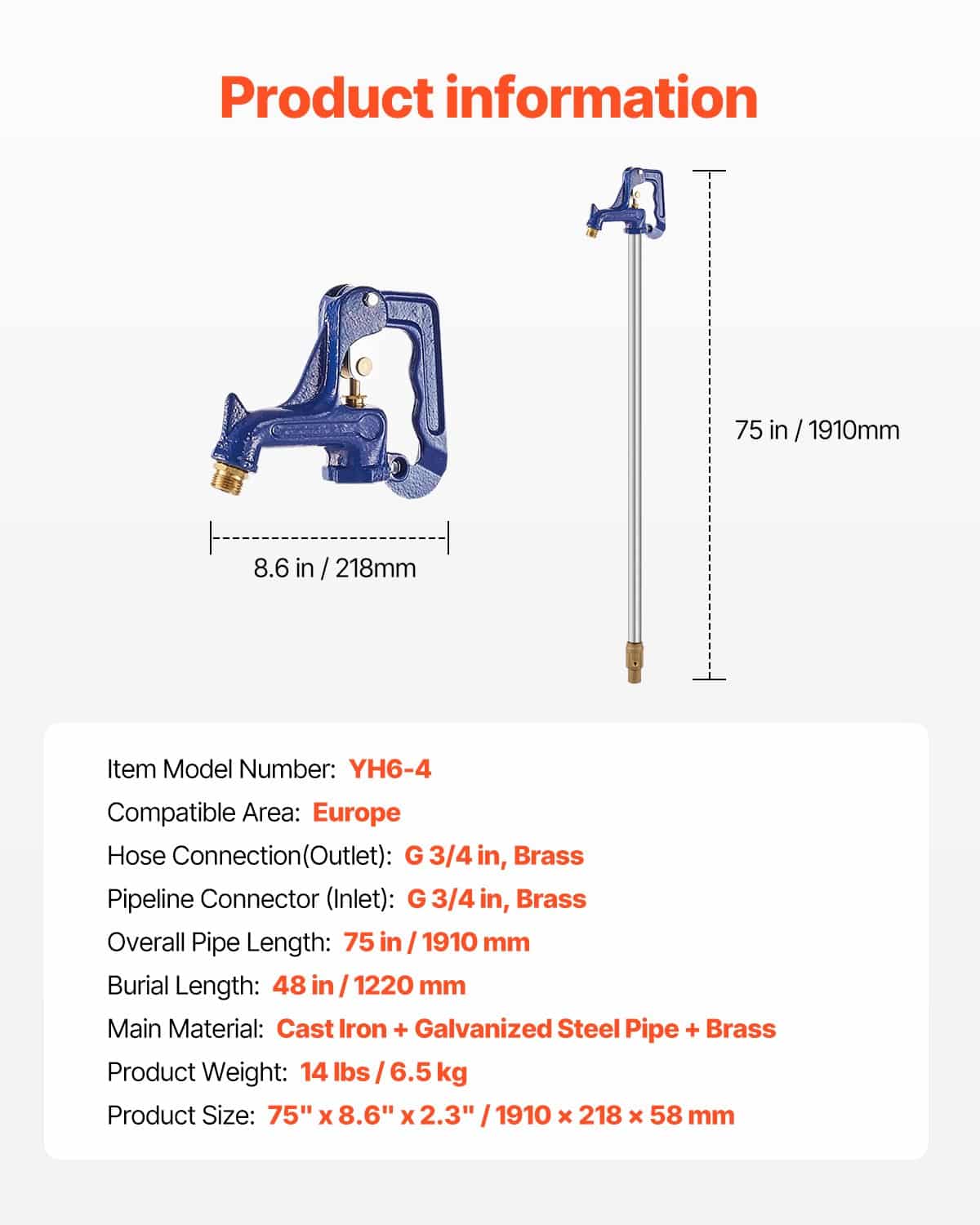 VEVOR 1.9 m Frost-Proof Yard Hydrant with 1.2 m Bury Depth, G 3/4″ Cast Iron Outdoor Faucet for Garden, Farm, Irrigation - Зображення 7